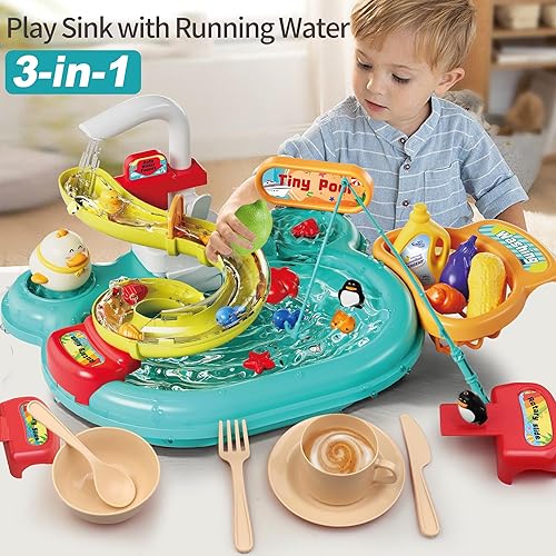 Miniatura 2 de Juguete para fregadero de cocina con agua corriente para niños pequeños, juguetes de fregadero de cocina con comida de juego, juego de pesca, juego