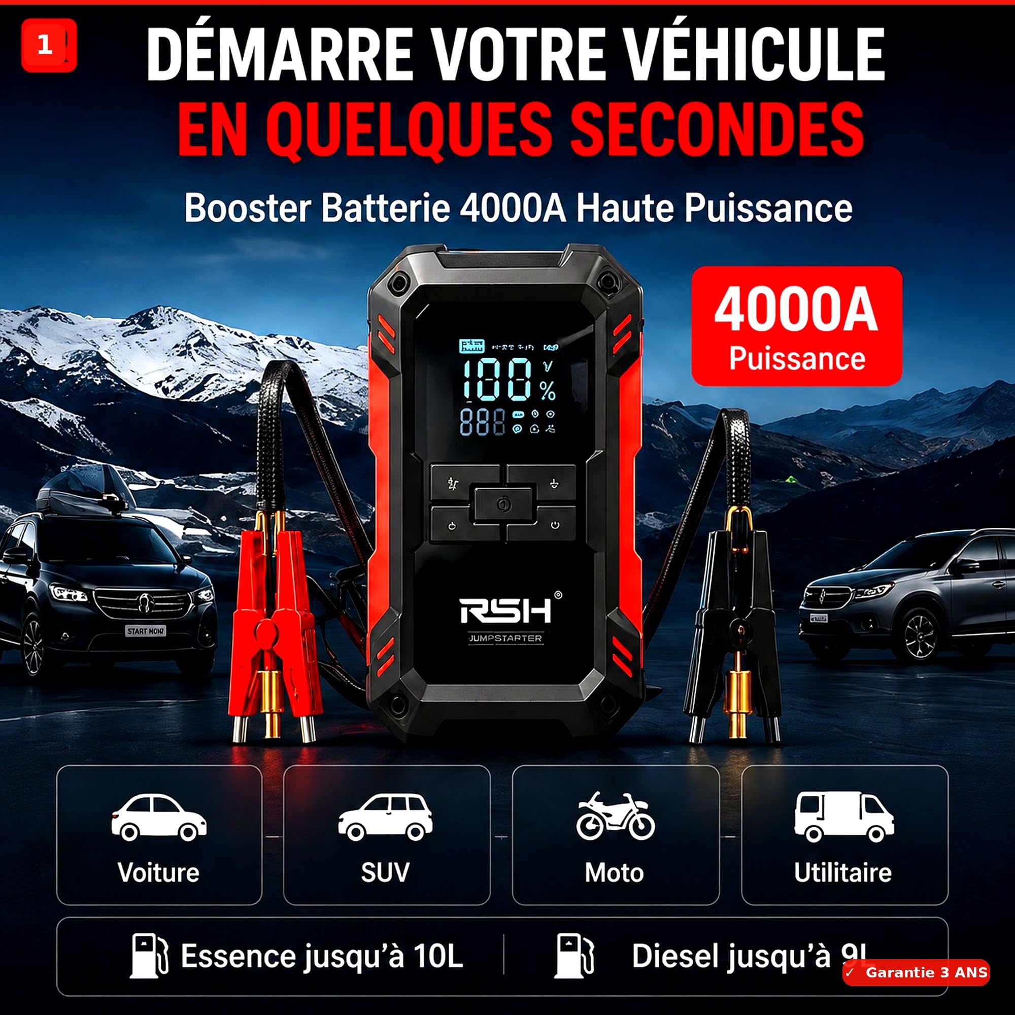RSH Booster Batterie 4-en-1 — 4000A Jump Starter + Compresseur 150PSI + Batterie Externe 10000mAh + LED — Voitures Essence 9L/Diesel 6.5L, Pinces Intelligentes Anti-Étincelles, Certifié CE RoHS