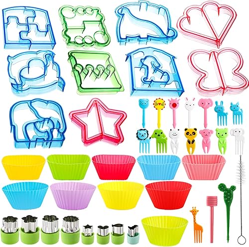 Cortador de sándwich de 56 piezas para almuerzo de niños, juego de cortador de sándwich con forma de dinosaurio, corazón y estrella, cortador de