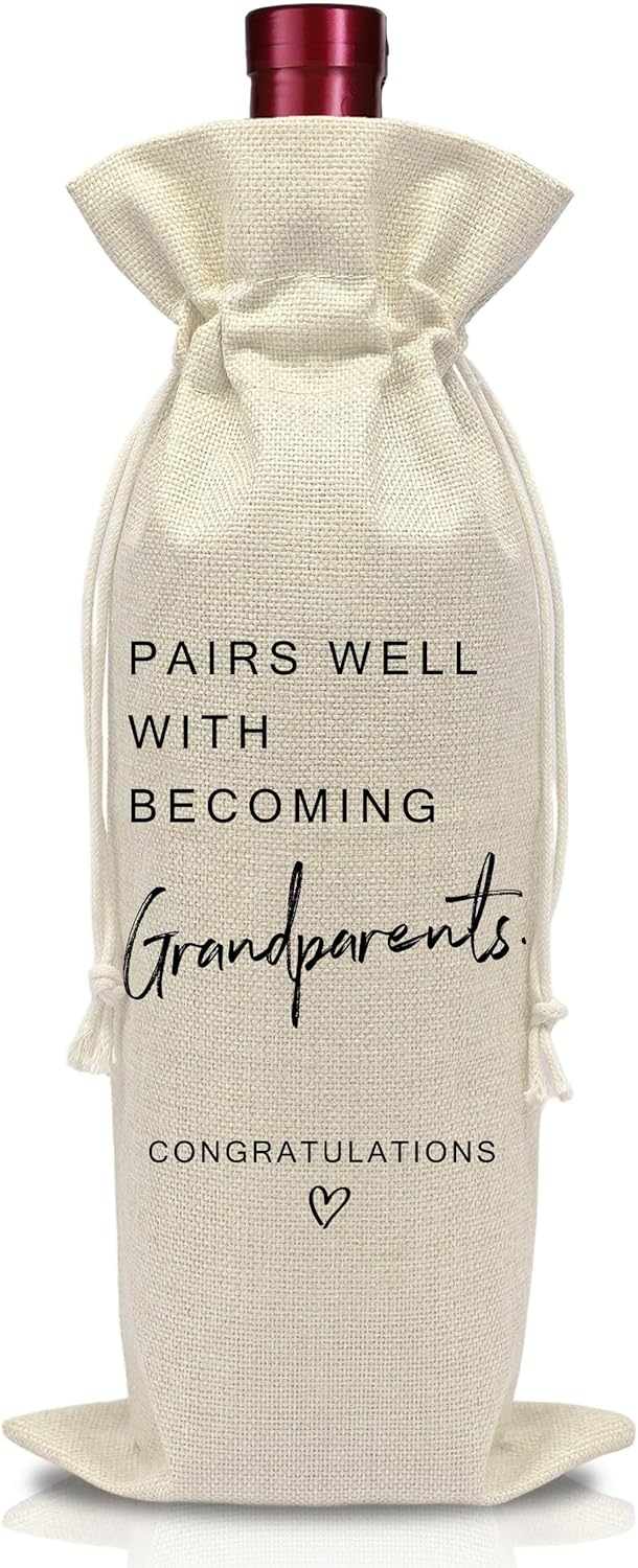 AWSICE Pregnancy Announcement Wine Gifts - Pairs Well with Baby Shower Gifts - Reusable Wine Bottle Bags with Drawstring for Grandparents - Baby Planning Shower Decorations-A14