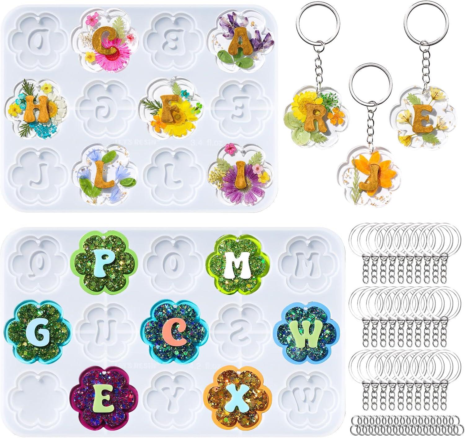 LET'S RESIN 27-Cavity Silicone Keychain Molds Kit: Alphabet Letters & Flower with Holes, UV Epoxy Resin Jewelry for Beginners