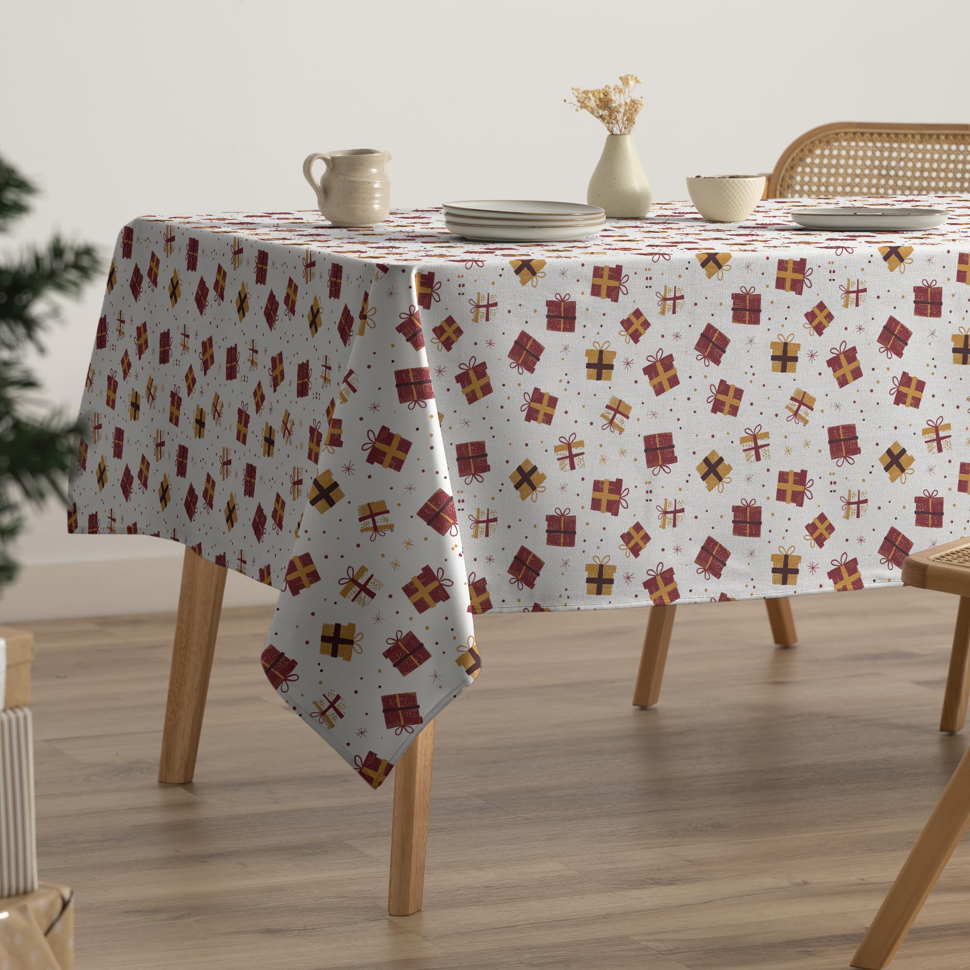 GAMUSI Mantel Navidad Antimanchas Regalos Algodón Mesa Comedor Decoración Navideña Rectangular Tacto Tela 160x300 cm