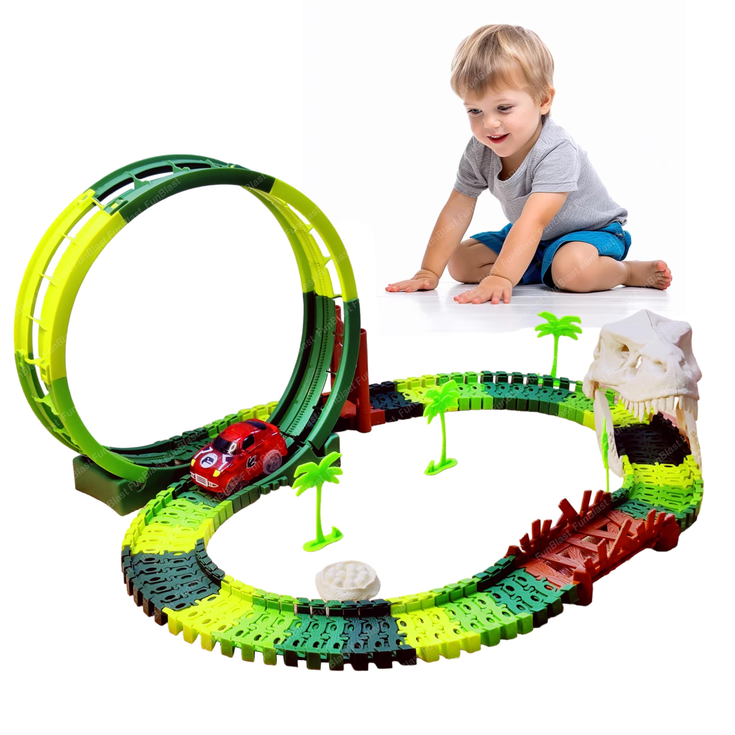 FunBlast Dinosaur Track Racing Toy Set - Flexible and Bendable Twister Track Toy Set with LED Lights Racing Car and Dinosaur Animals Figure Toys, DIY Toys for Boys, Girls (110 Pcs) (B0CKHLW826) Amazon Price History, Amazon Price Tracker