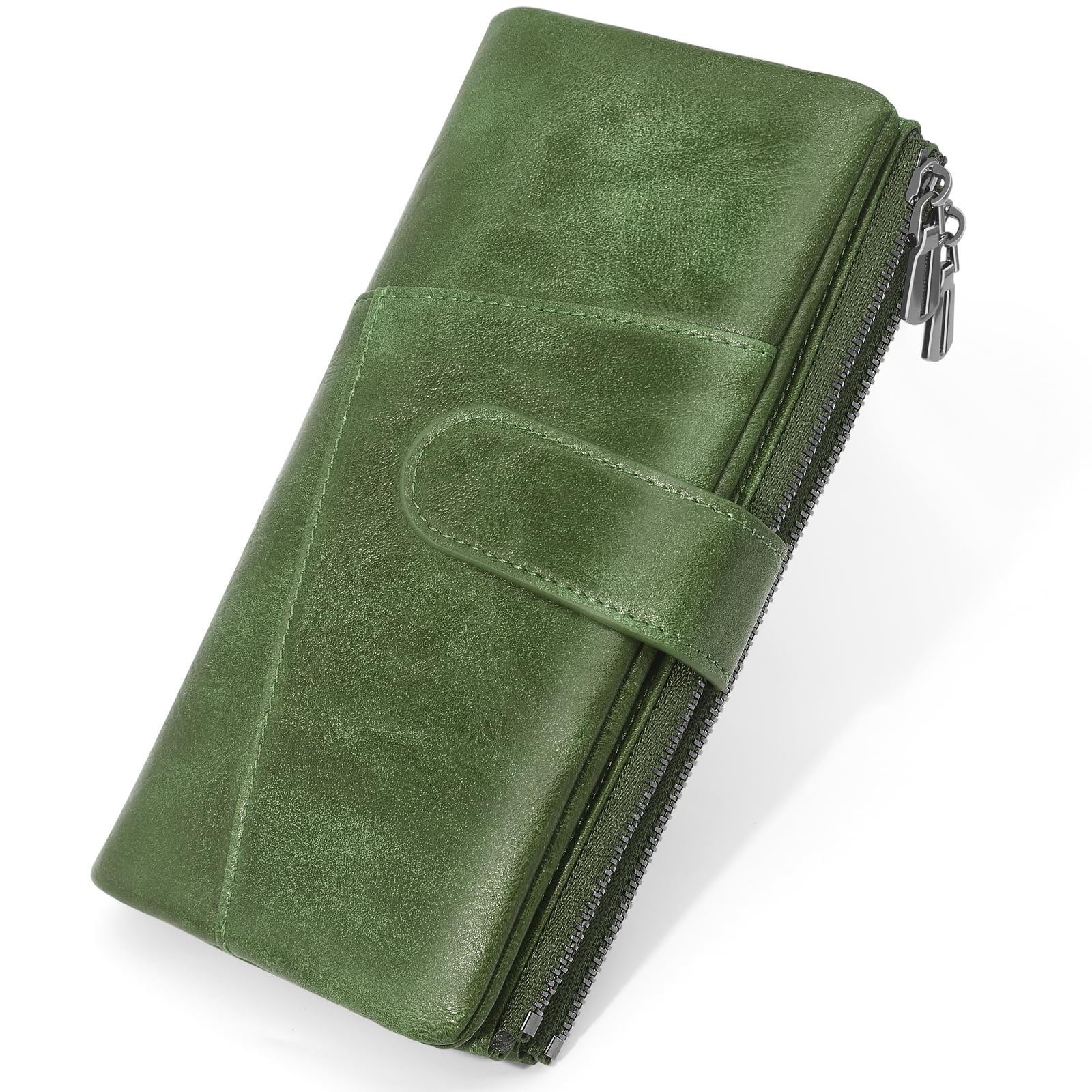 REETEE Portafoglio Donna Grande Portafoglio in Pelle PU Blocco RFID Lungo Portafogli da Donna Cerniera Grand Portamonete e 23 Porta Credito Carte Molti Scomparti (verde)