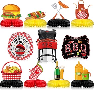 Cholemy 11 Pcs BBQ Party Decorations Honeycomb Centerpieces, Red Gingham Table Toppers for Summer Picnic, Baby Q Shower, Backyard Barbecue Birthday, Carnival Cookout Theme Supplies & Favors