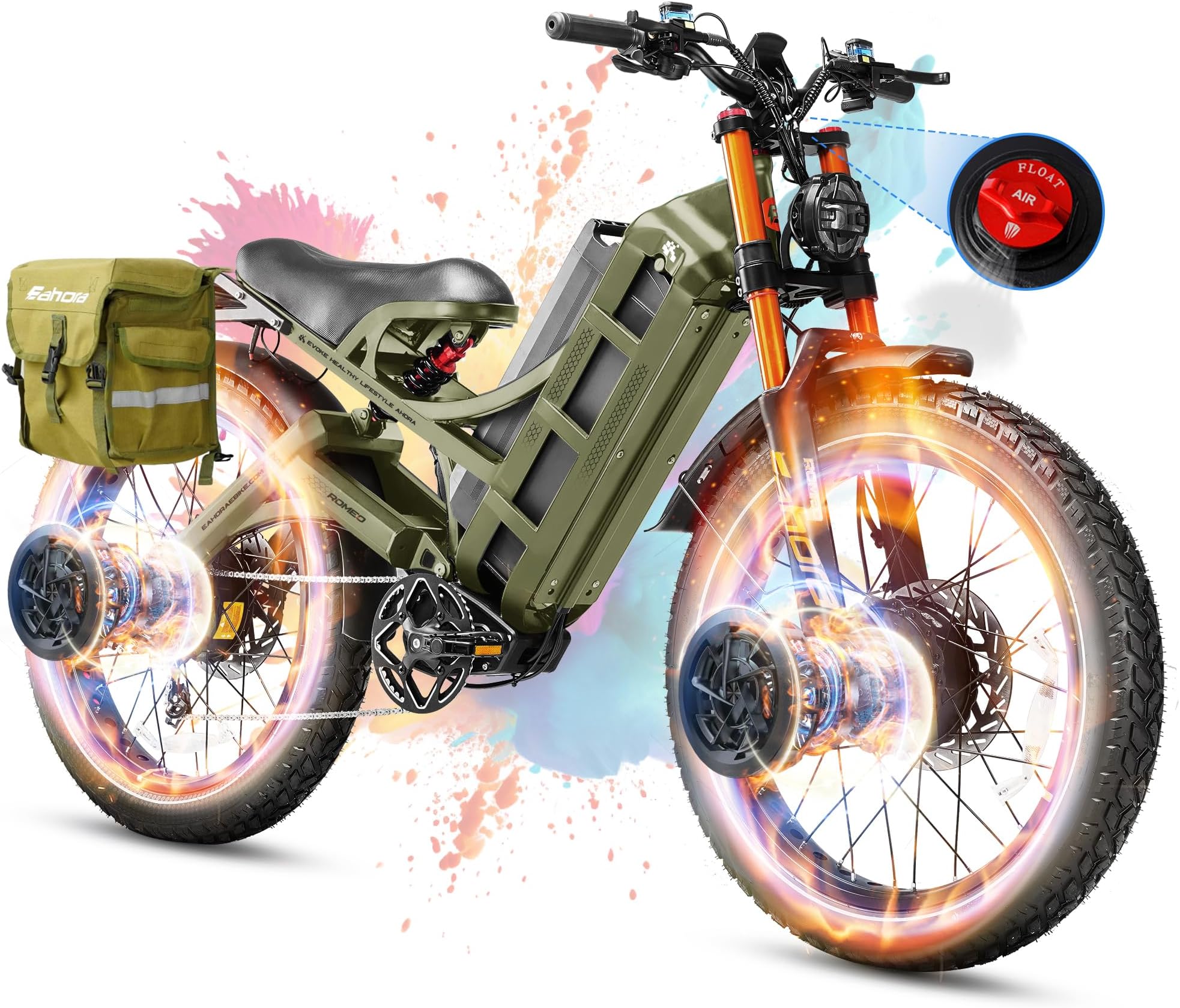 eAhora Romeo Pro 3 (2025 Launch) 5600W Electric Bike for Adults, 60V/80AH 200+Miles Long Range Ebike, 50Mph Dual Motors Ebike, 26 * 4.0" Fat Tire Electric Mountain Bike Green+Rack+Bag