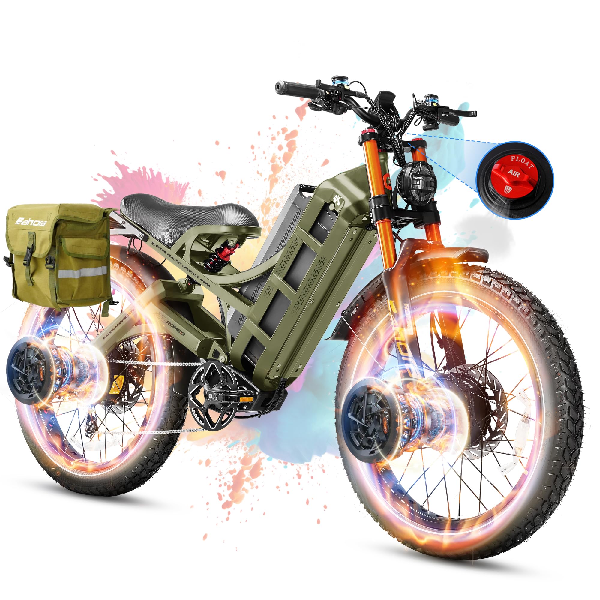 eAhoraRomeo Pro 3 (2025 Launch) 5600W Electric Bike for Adults, 60V/80AH 200+Miles Long Range Ebike, 50Mph Dual Motors Ebike, 26 * 4.0" Fat Tire Electric Mountain Bike Green+Rack+Bag