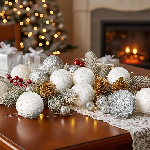 Vista 104 de Lyrow Juego de 24 adornos de bolas de Navidad con purpurina de 4 pulgadas, bolas de Navidad a granel, adornos colgantes de espuma de lentejuelas