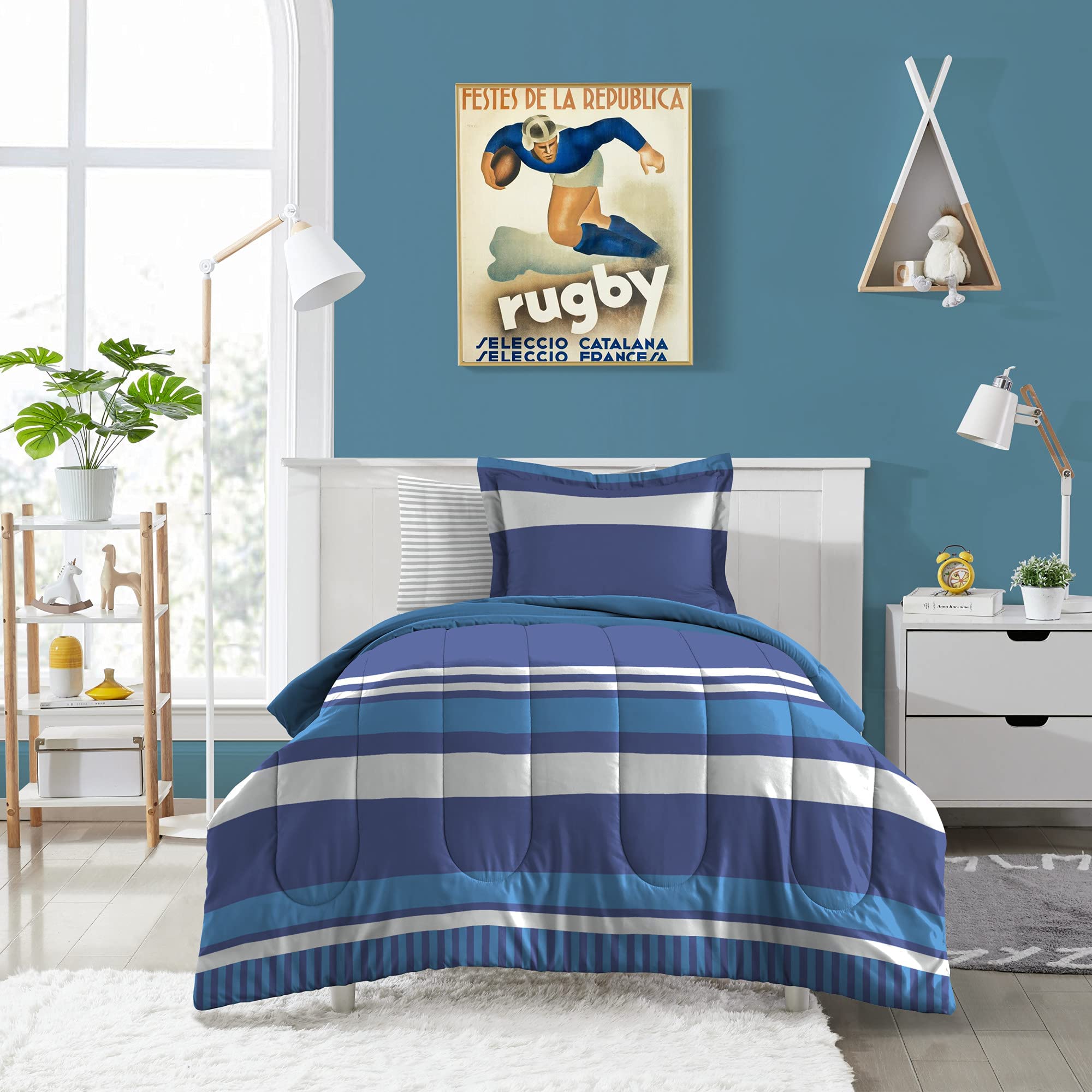 dream FACTORY Kids 7-Piece Complete Bed Set Easy-Wash Super Soft Microfiber Comforter Bedding, Full, Blue Rugby Stripe,2D872702BL