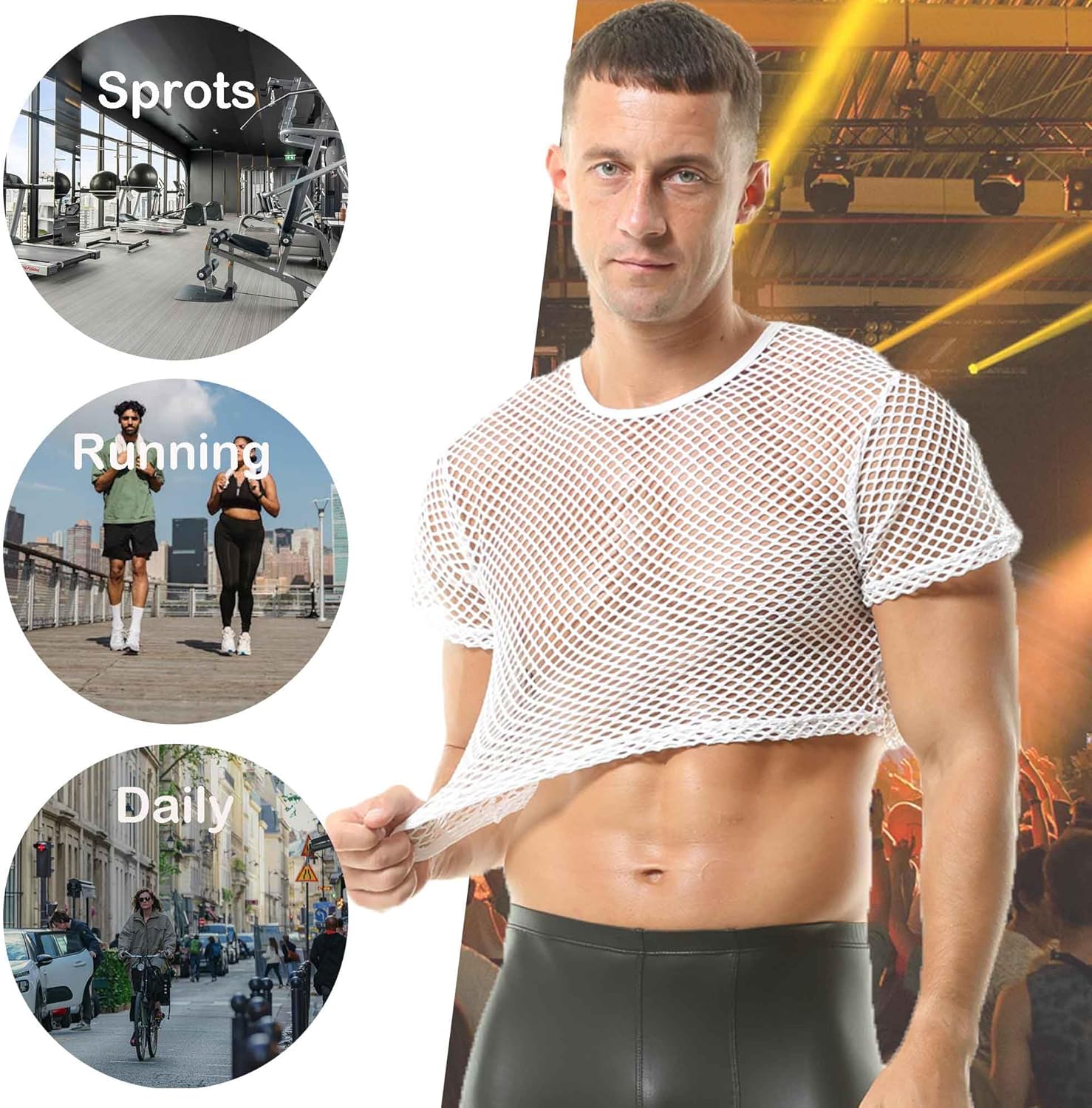 QiaTi Men's Fishnet Shirts Mesh Crop Top See Through Round Neck Short Sleeve Sexy Muscle Tee for Men - Image 5