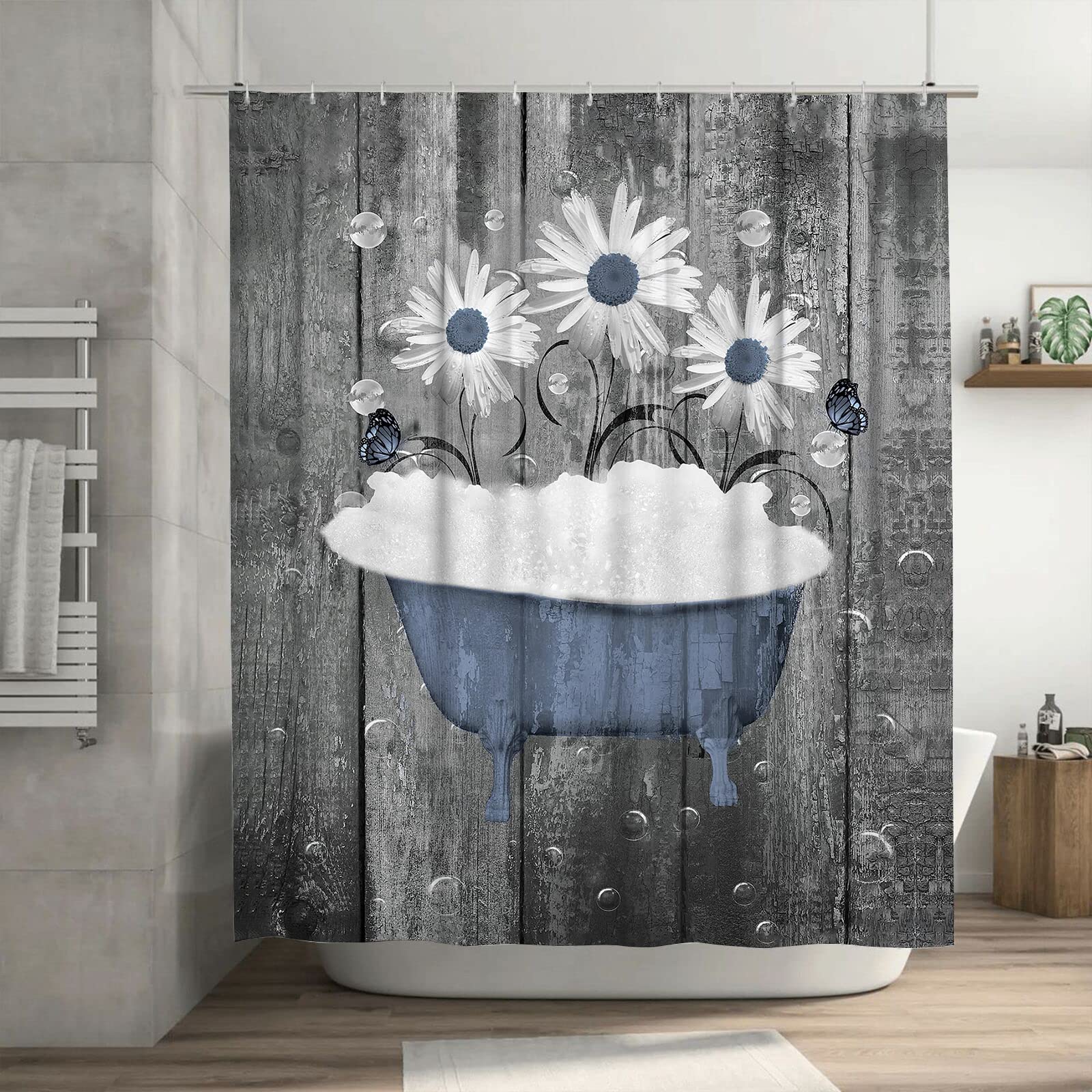Tourrest Farmhouse Daisy Shower Curtain Rustic Floral Flower Bathroom Shower Curtains Waterproof Polyester Fabric 60 x 72 Inch