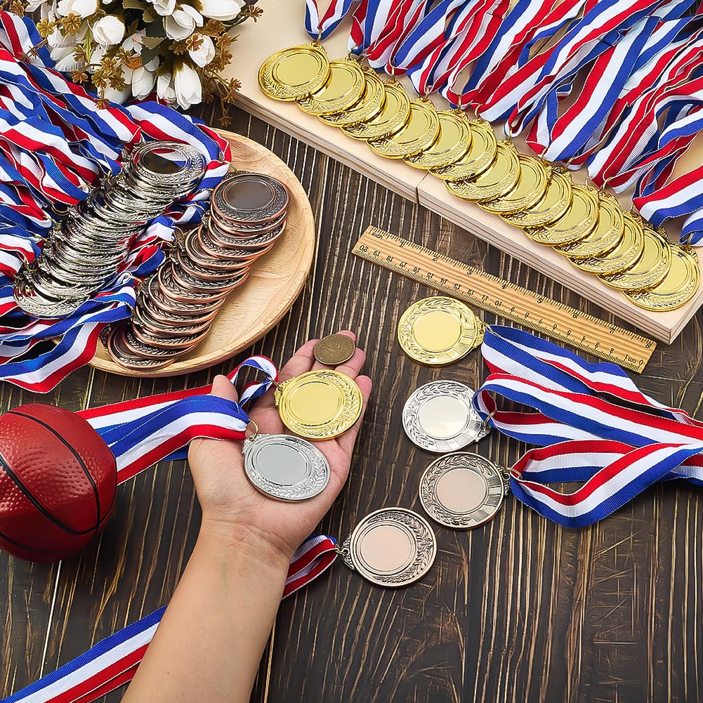 FINGERINSPIRE 48Pz Medaglie Premio Vuote con Nastri per Il Collo, 74cm di Lunghezza in Oro/Argento/Bronzo Antico Crea Il Tuo Kit di Medaglie Medaglia da Tifo Premio per Competizioni di Giochi Sportivi