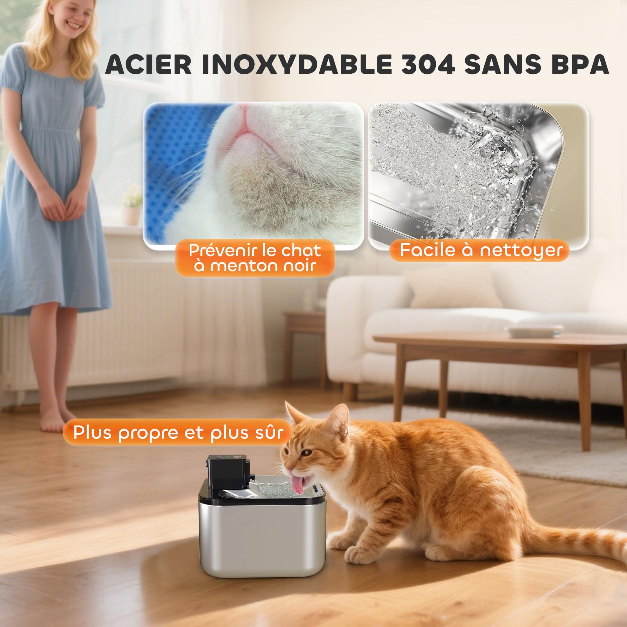 PawHut Fontana di acqua per gatti automatica senza fili in acciaio inox 4.2L con indicatore LED, pompa ultra silenziosa, batteria da 4000 mAh, erogatore acqua gatto con caricatore USB, argento
