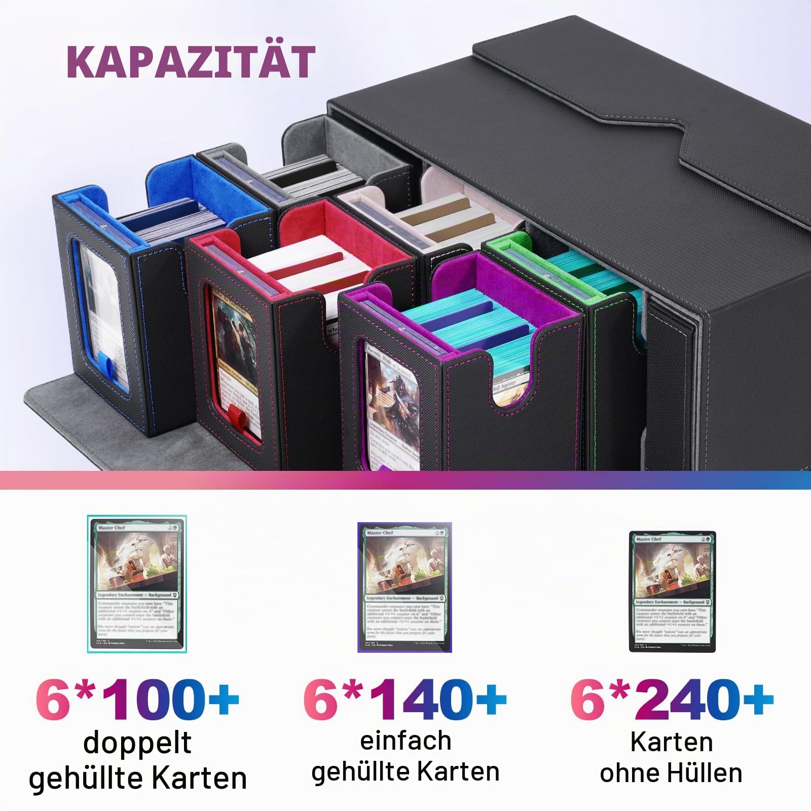 UAONO Commander Deck Box für MTG, 6-Deck Modulares Kartenetui mit Würfelablage, Platz für 600+ Doppelhülsenkarten, abnehmbare Sammelkarten-Aufbewahrungsbox mit 6 magnetischen Kartenhaltern für TCG