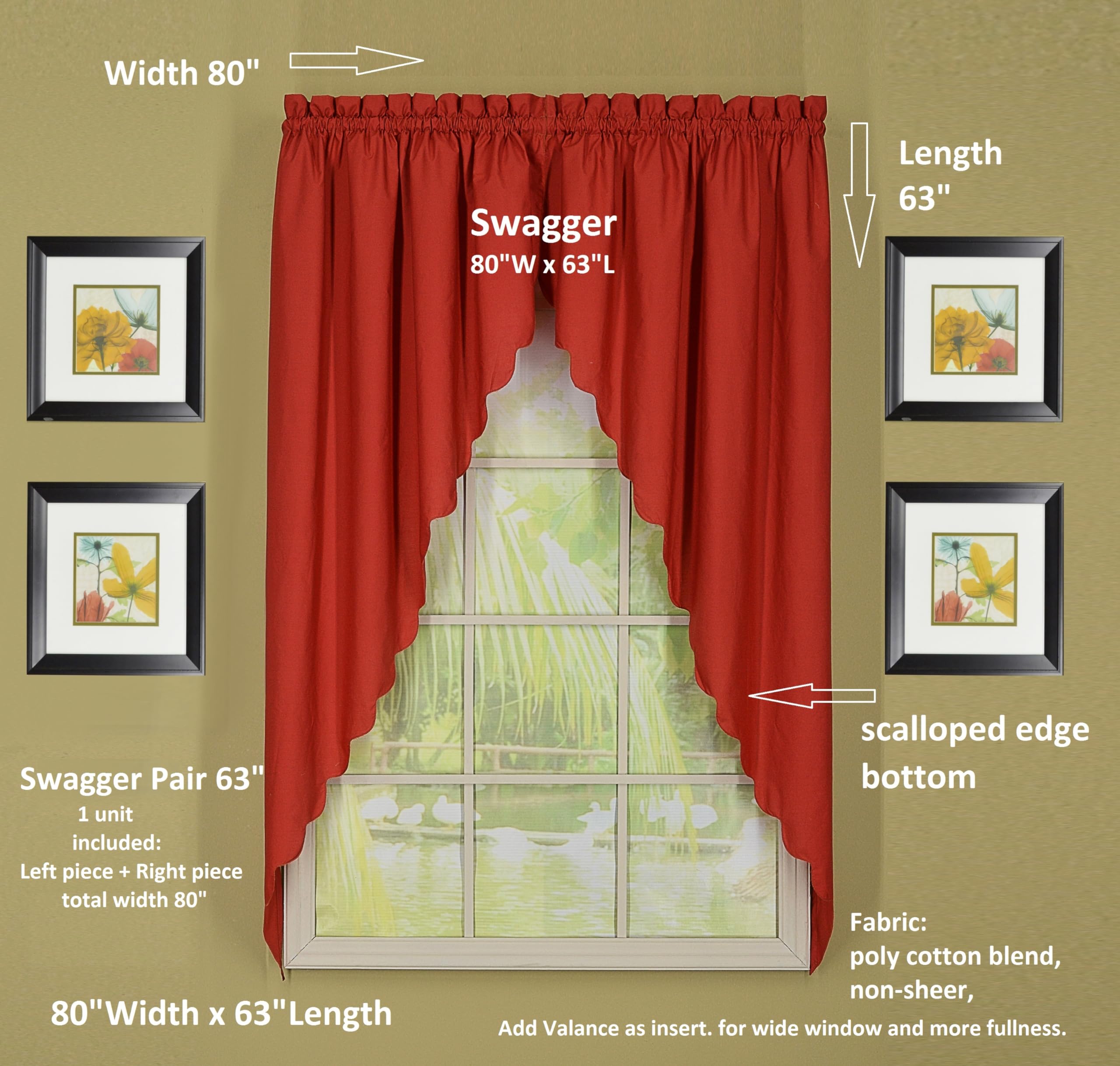 Today's Curtain Orleans 63" Swagger Pair Tambour Scallop Edge Curtain, Brick Red, 80" W x L (Pack of 1), W 63" x L 80" (1 Panels) - Image 2