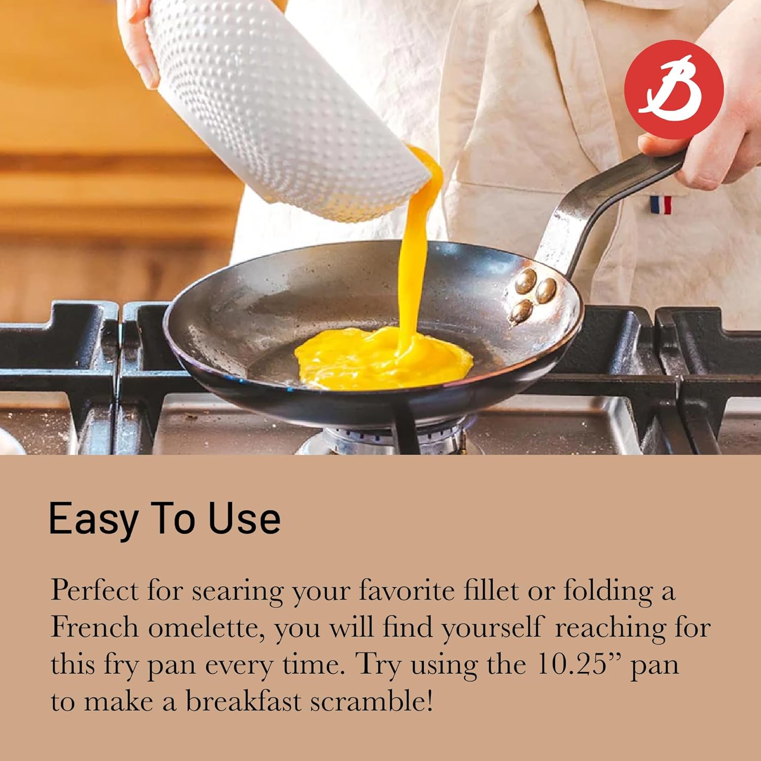 de Buyer MINERAL B Carbon Steel Omelette Pan - 8” Diameter, 5.5” Cooking Surface - Naturally Non-Stick Finish - Made in France