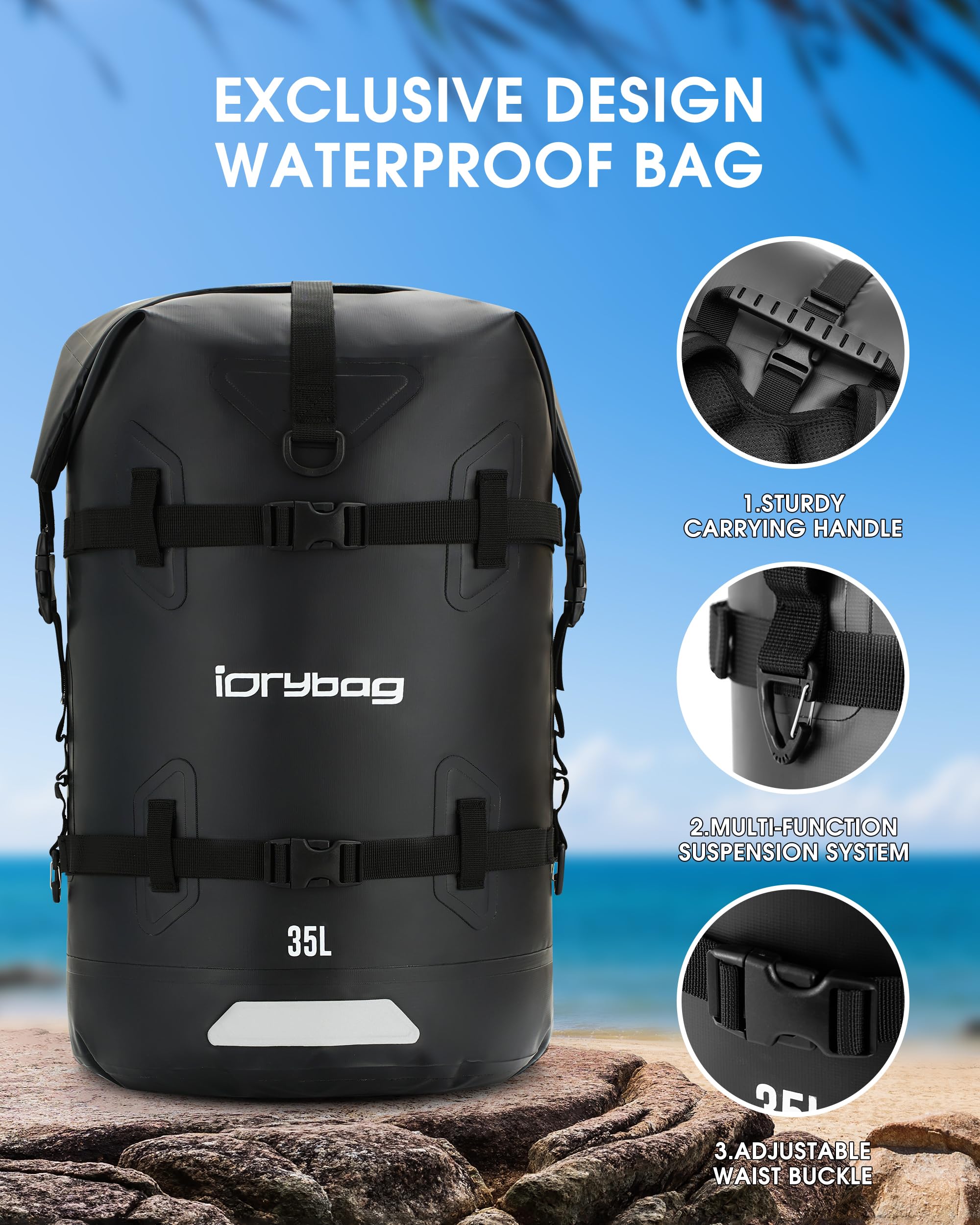 IDRYBAG Dry Bags Sac à Dos étanche pour Voyage Sacs étanches pour Kayak Sacs étanches pour Navigation de Plaisance Natation Voyage Paddle Boarding Sac à Dos étanche Submersible 35L/55L