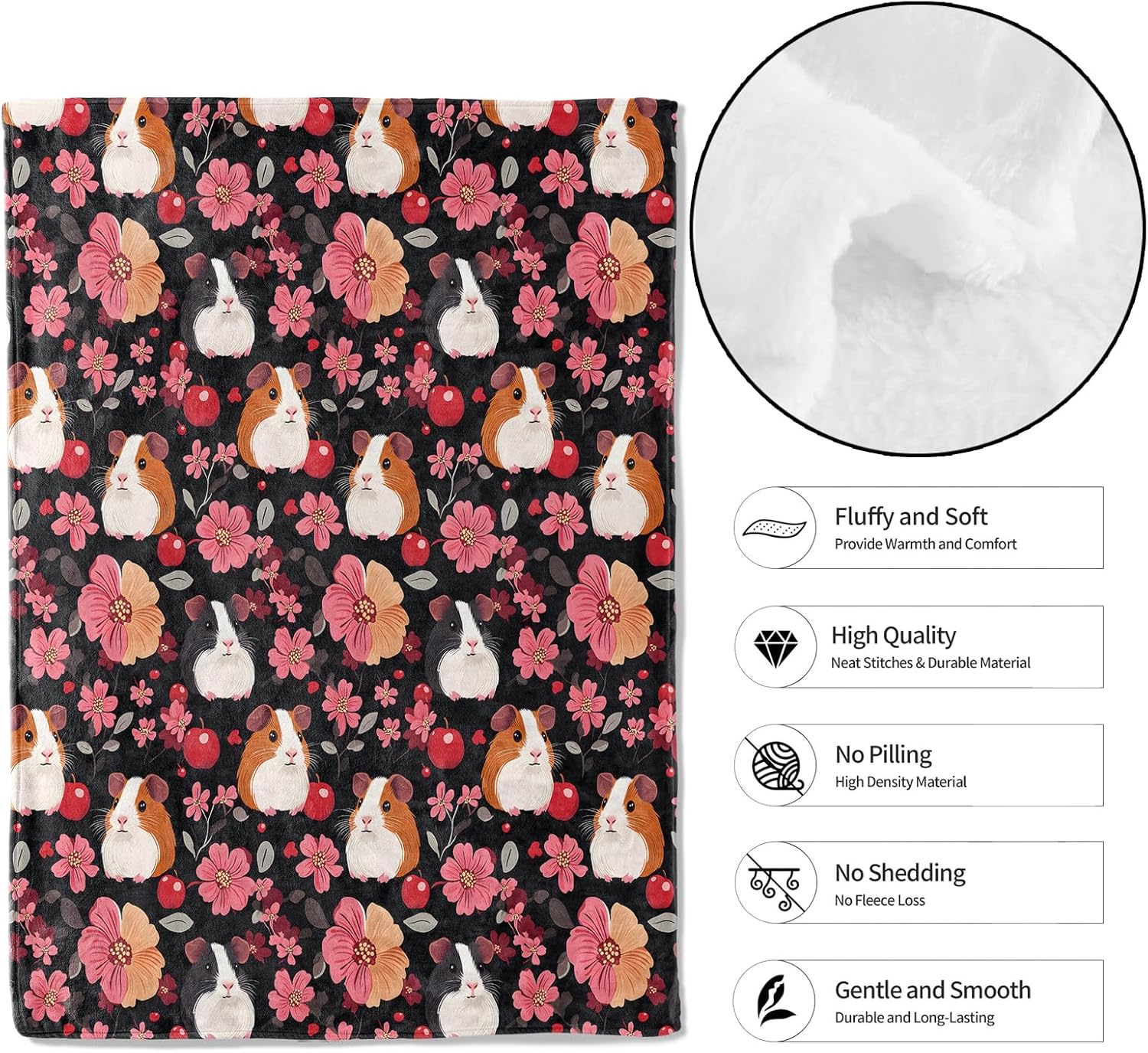 Guinea Pig and Floral Throw Blanket,50x60in,Soft,Lightweight Flannel,Animal Lovers Blankets - Gifts for Kids Women Girls,for Couch Office Travel,Home Living Room Modern Decor