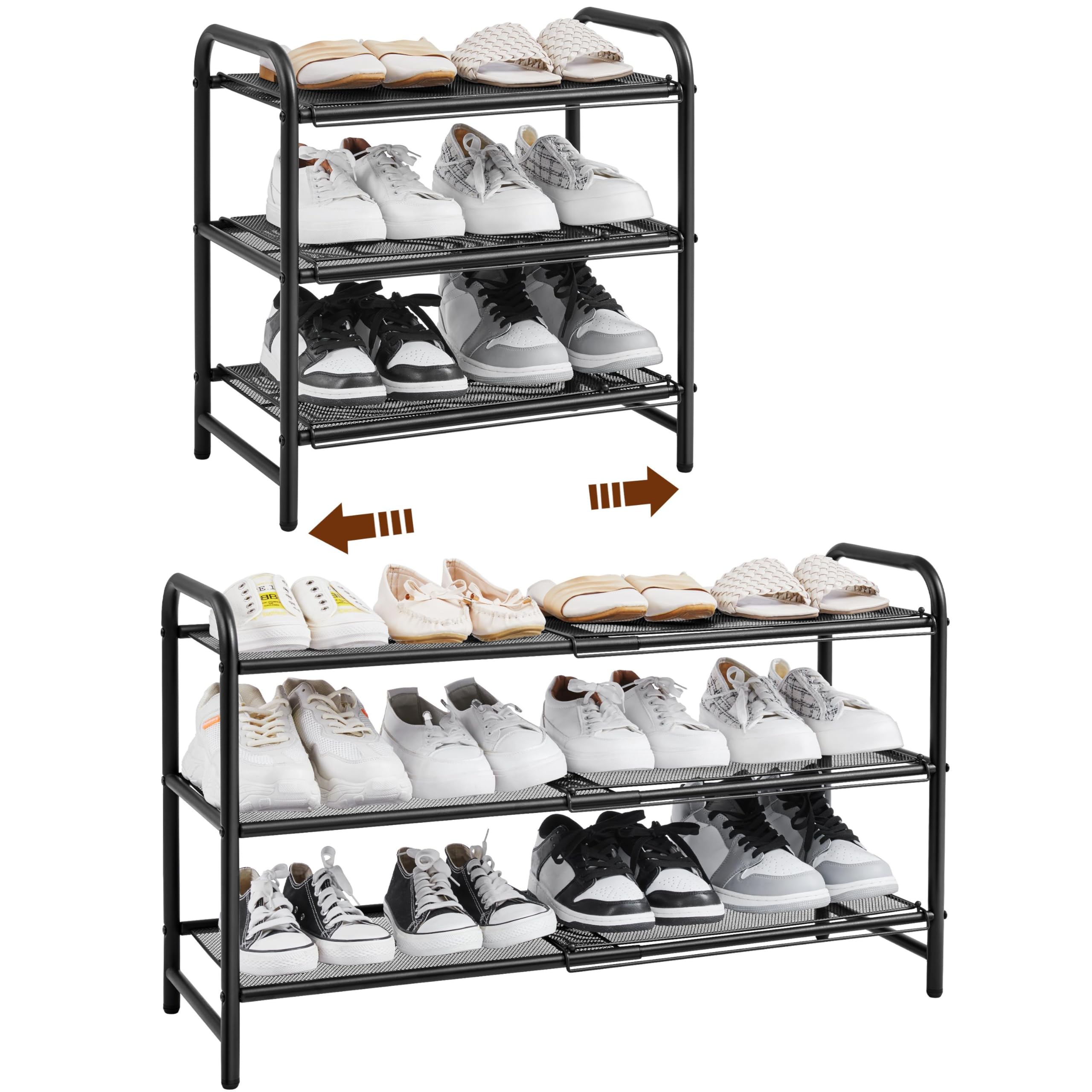 Yaheetech 3 Tier Extendable Shoe Rack with Mesh Shelf, Adjustable Shoe Organiser for Closet, Tool-Free Assembly, Stable Construction, Free Standing Shoe Rack for Small Space, Black