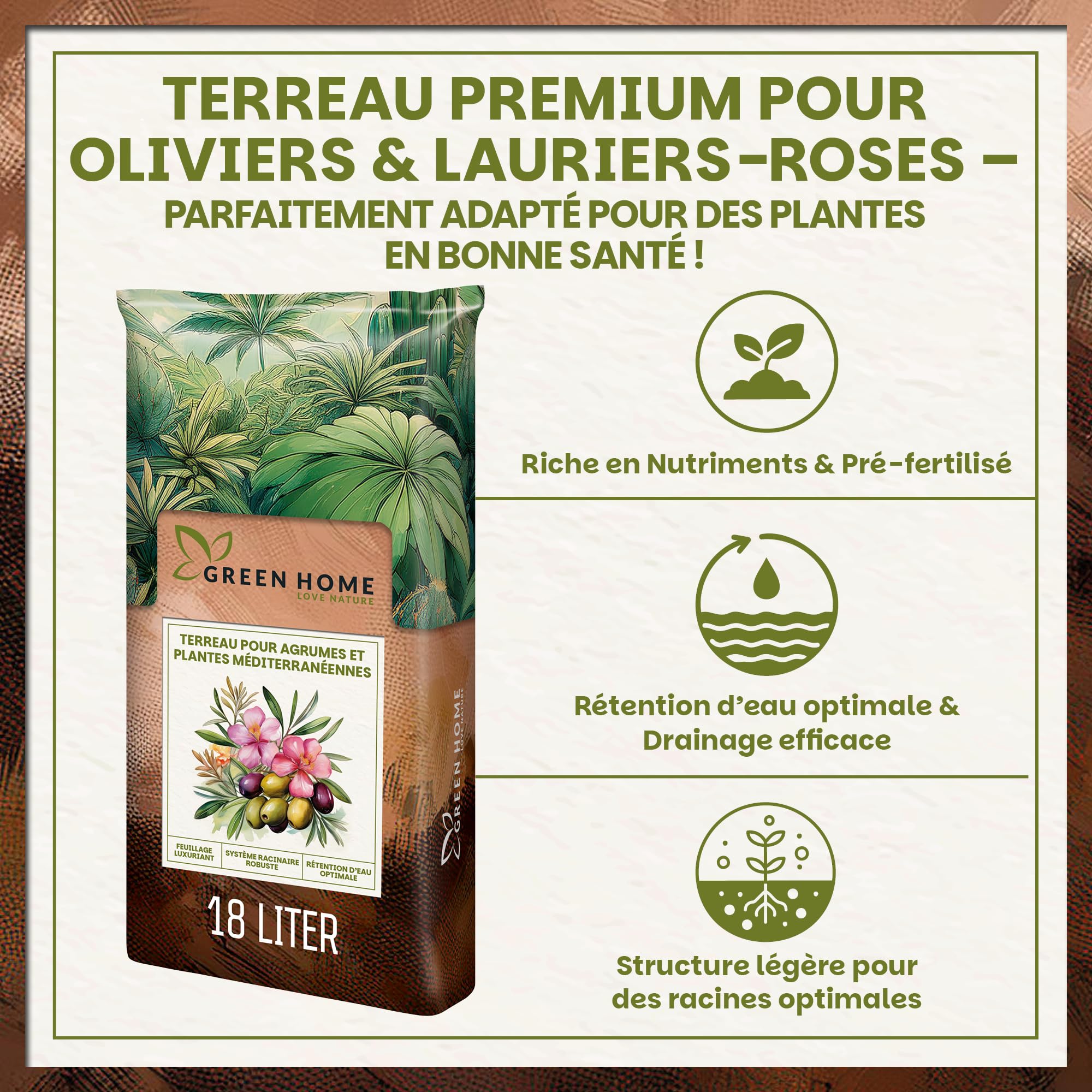 Green Home Terre pour Olivier & Laurier-Rose 36L – Terreau Premium pour Plantes Méditerranéennes | Engrais à Libération Lente | Perlite, Fibre de Coco & Humus | pour Pots, Bacs & Jardin, pH 5.9