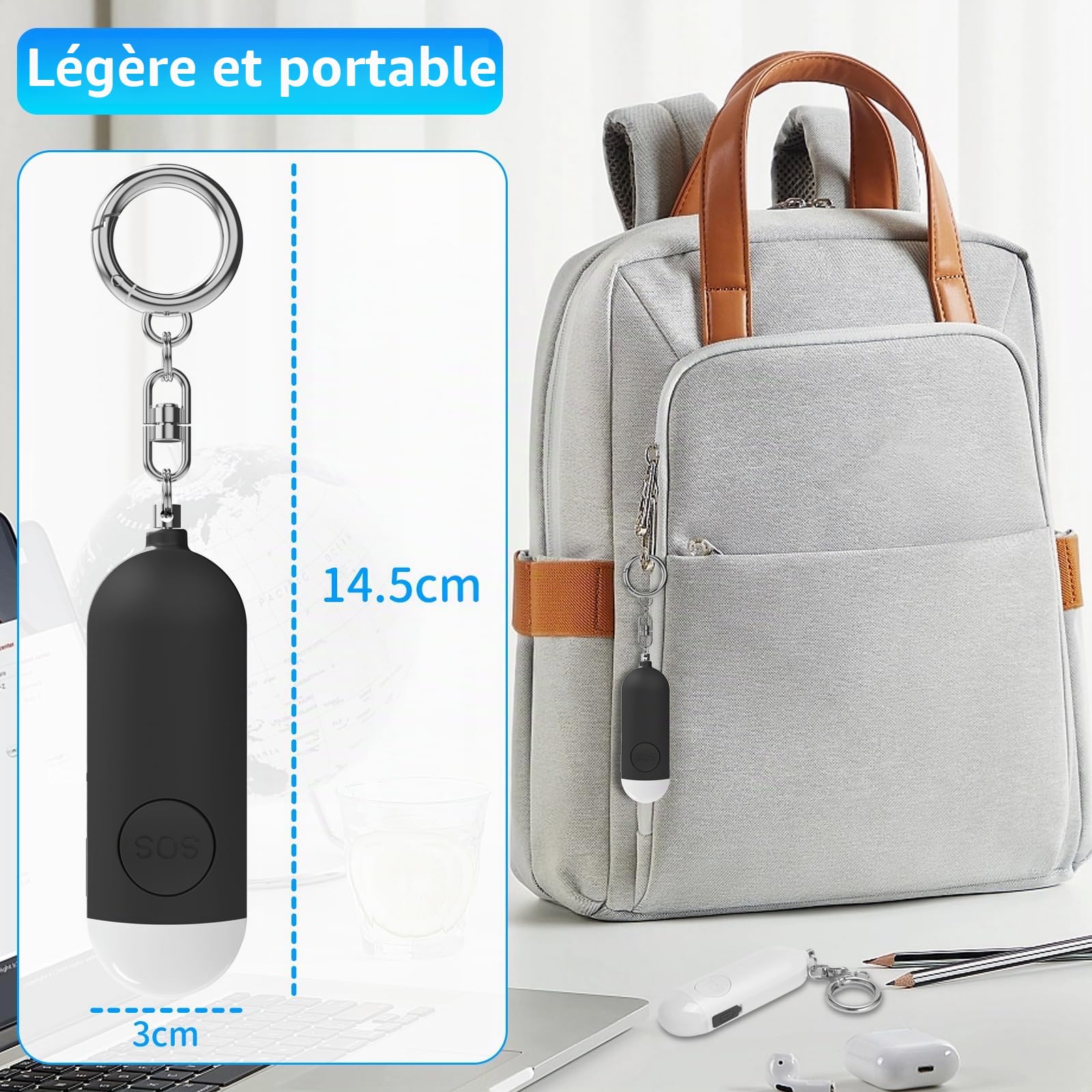 Alarme de Poche Rechargeable, Auto-défense Personnel Indispensable avec Une Sirène Anti-agression de 130 DB et Lumière LED, pour Femmes, Enfants et Personnes agées