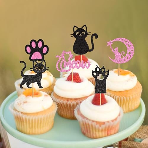 Miniatura 5 de Ercadio Paquete de 24 adornos para magdalenas de gatos, color negro y rosa, para magdalenas, gatitos, gatos, pasteles, para gatos, para cumpleaños,