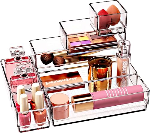 DCA Paquete de 7 bandejas organizadoras de cajones transparentes apilables para maquillaje, oficina, utensilios de cocina, artilugios