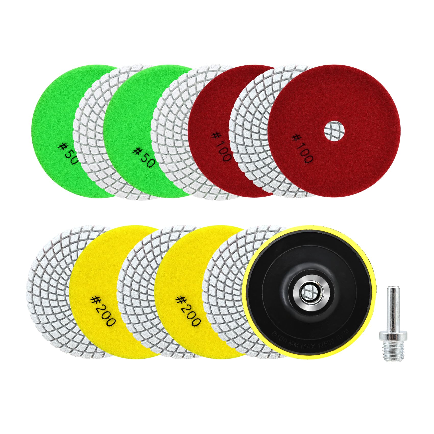 Nass Diamant Polierscheiben - 12 Stücke 100mm Diamant Polierpad Körnung 50x4/100x4/200x4 mit M14 Stützteller+Adapter für Granit Marmor Kunststein Quarz für Winkelschleifer