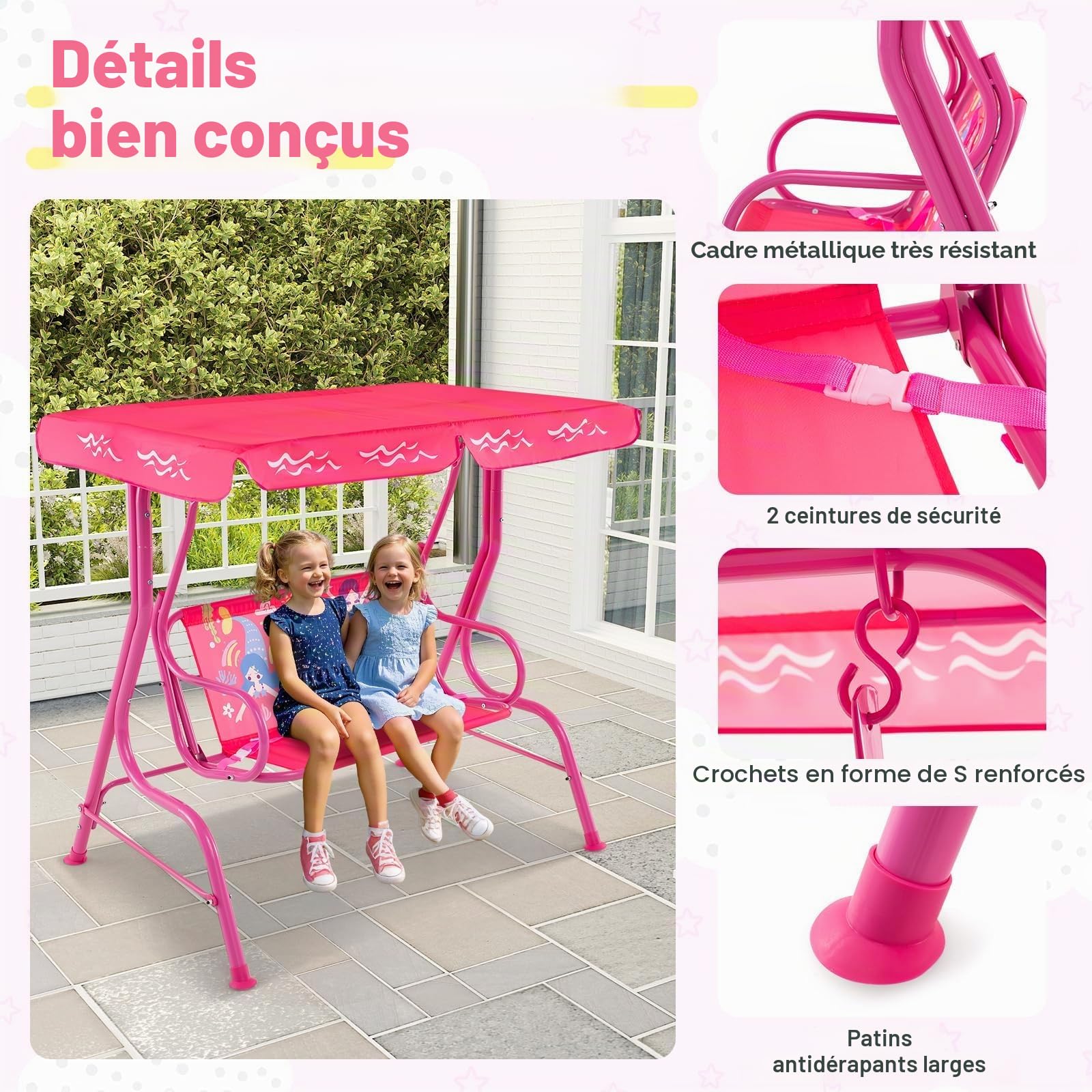 FANTASK Balancelle de Jardin 2 Places, pour Enfants, avec Sangles de sécurité et Toit Pare-Soleil réglable, pour Enfants, Rose