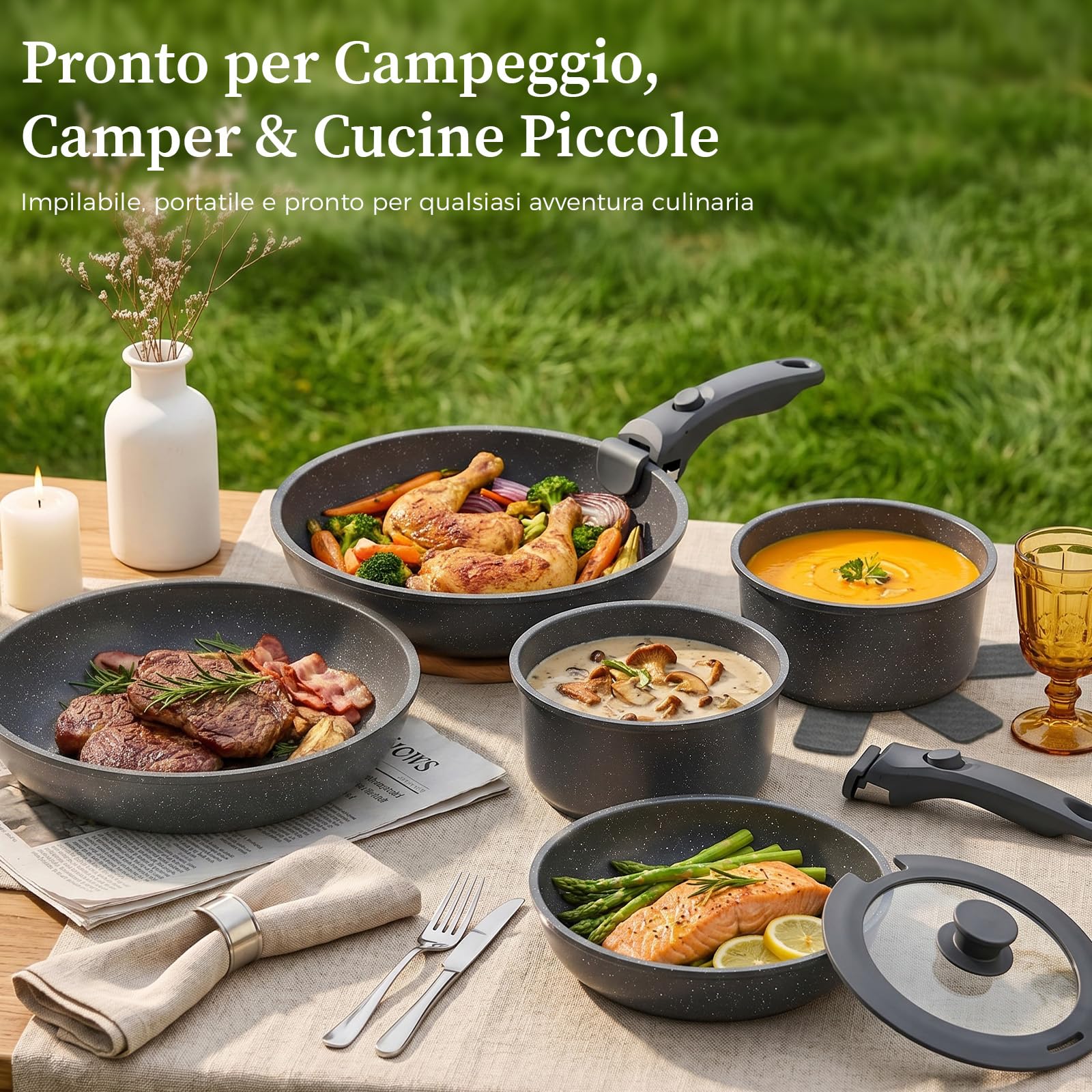 YASHE Pentole induzione 15 pezzi, atossiche, senza PTFE e PFAS | Tegame con Coperchio, Batteria da Cucina Antiaderenti in Granito, Salvaspazio Impilabile, Per Casa e Camper