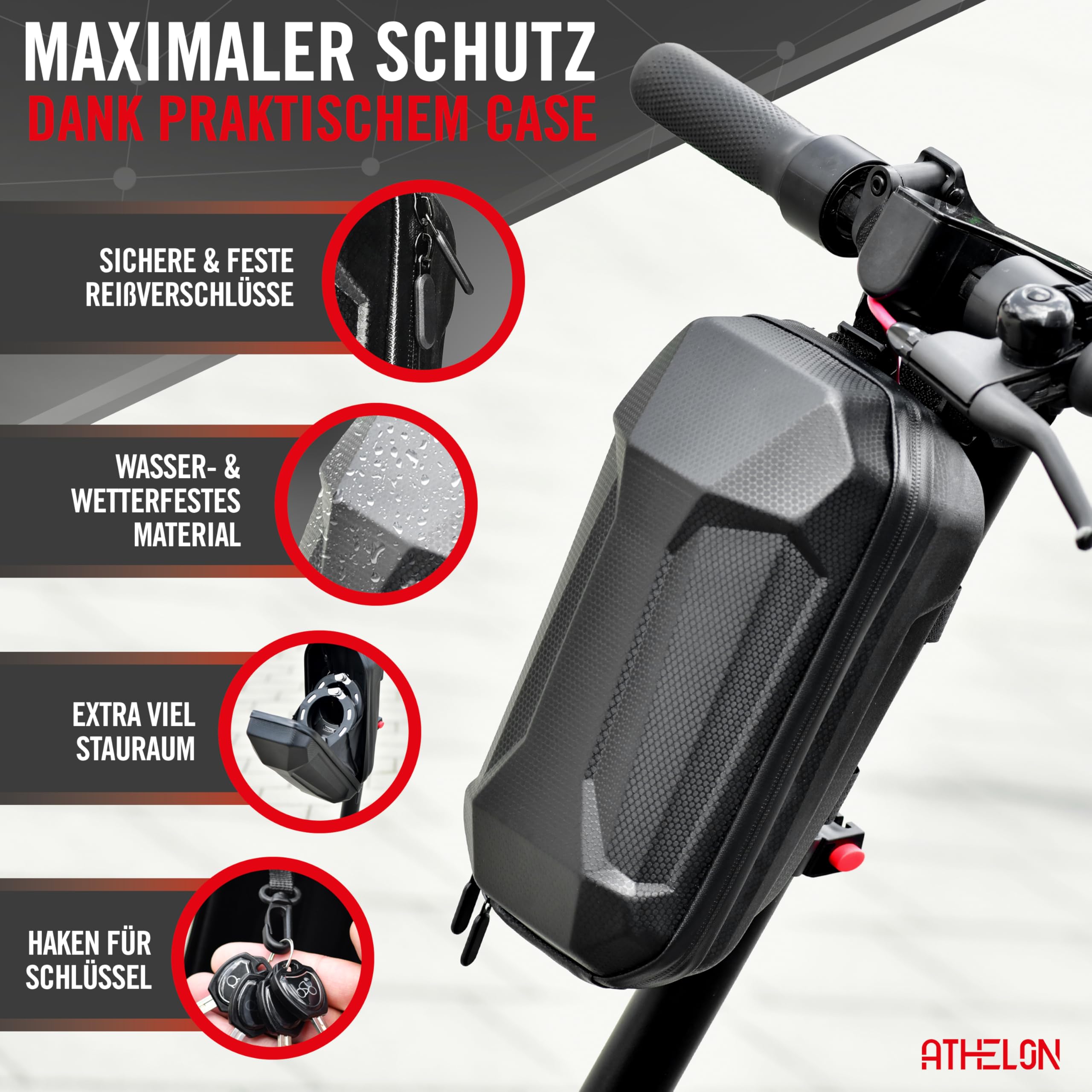 ATHELON Candado para patinete eléctrico (extra seguro), largo y resistente a los cortes, con protección contra arañazos, incluye accesorios [funda y 4 llaves] – para scooter, bicicleta, remolque o