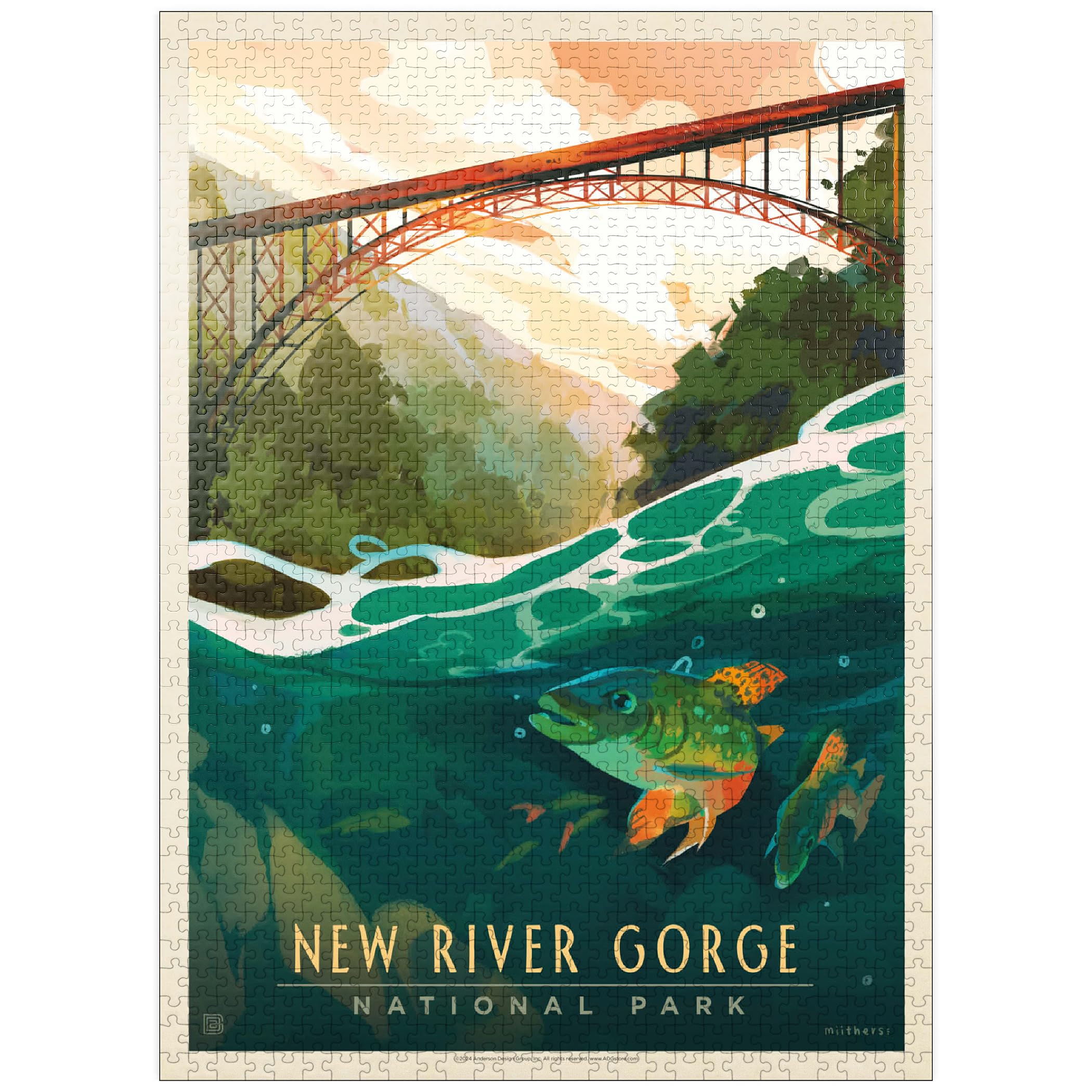 MyPuzzle New River Gorge National Park & Preserve: Fish-Eye-View, Vintage Poster - Premium 1000 Piece Jigsaw Puzzle for Adults