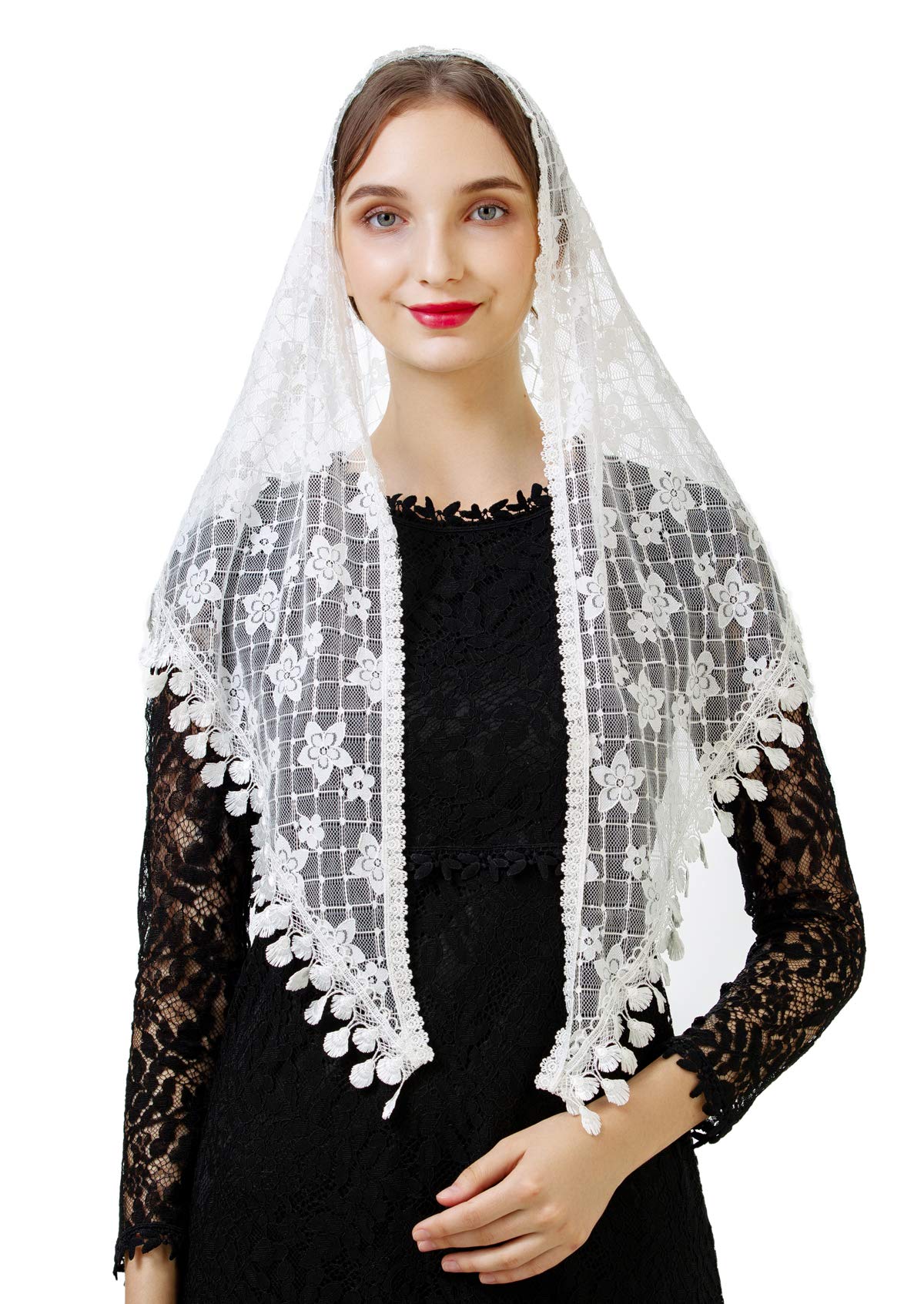 PAMORMass Veil Triangle Mantilla Cathedral Head Covering Chapel Veil Lace Shawl Latin Scarf