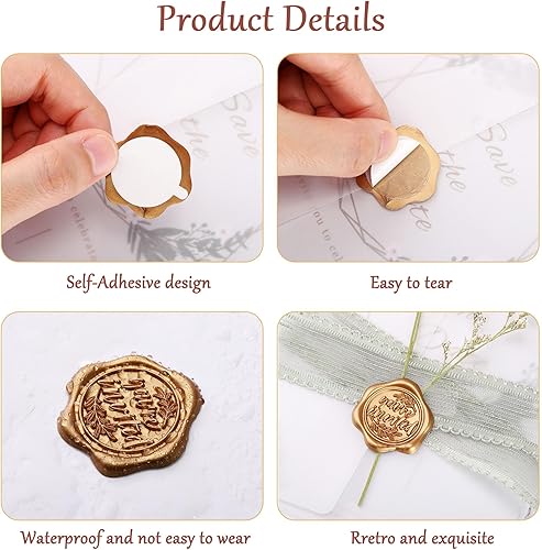 Miniatura 3 de Yoption You're Invited - Calcomanías para sello de cera, paquete de 100 calcomanías de sellado de sobre, autoadhesivas, doradas, para bodas,