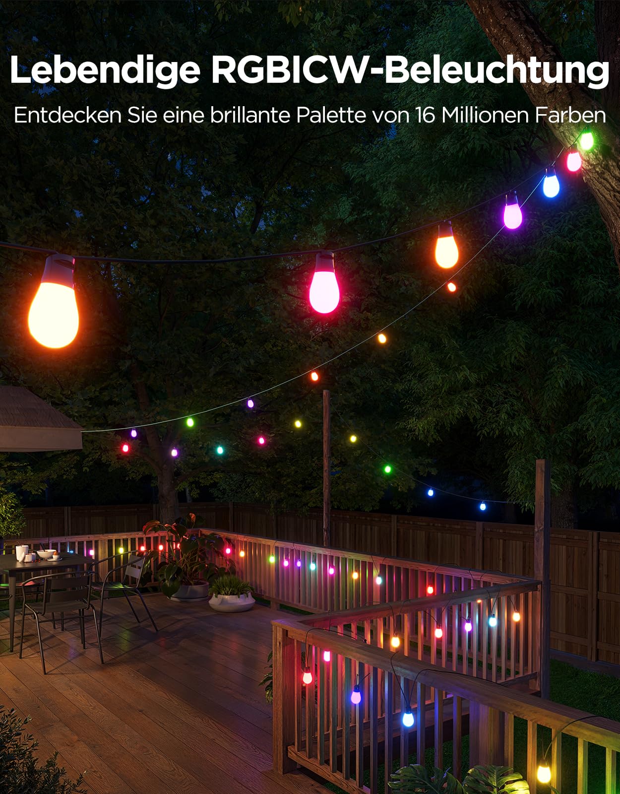 Govee Lichterkette Außen 15M, RGBICW 65lm pro LED, App&WiFi Steuerung,IP66 | 16 Mio. DIY-Farben, 111+ Szenen, Musik Sync, Matter/Alexa/Google, Lebensdauer 25000h, Einf. Montage, Garten/Balkon/Terrasse