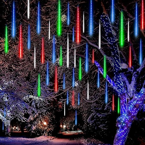 Miniatura 7 de Joiedomi Luces de lluvia de meteoritos de Navidad, tira de luces blancas con forma de carámbano, 288 LED, 8 tubos de 11.8 in, color blanco, para
