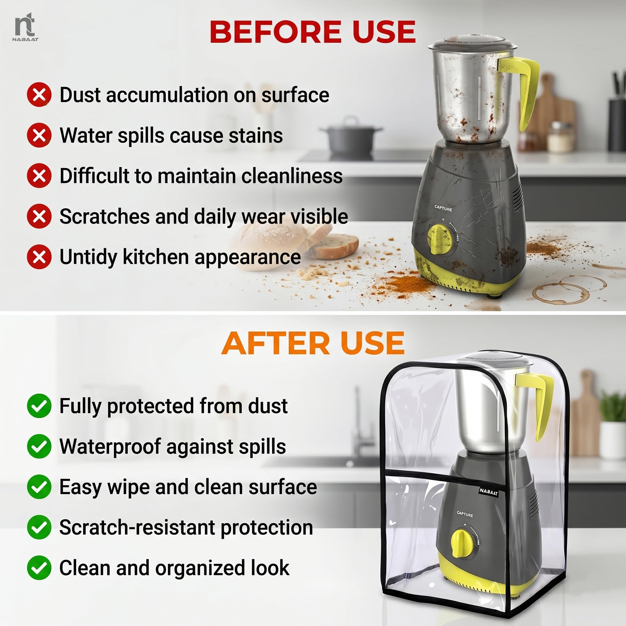NABAAT Plastic Transparent Waterproof Mixer Grinder Dust Cover For All Types Of Mixie Kitchen Table Top, With Front Pocket To Store Small Kitchen Accessories, Transparent (8"X 8"X 12.5") — Amazon image 5