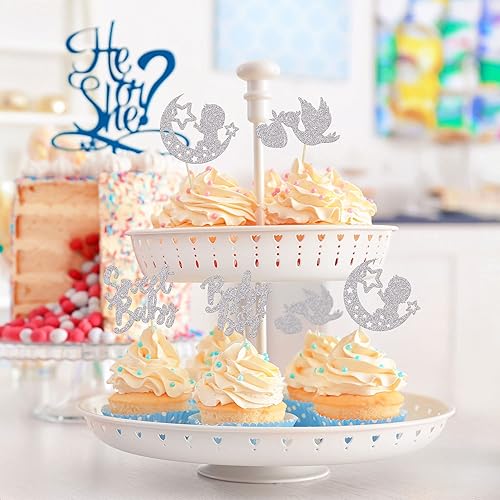 Miniatura 47 de 24 piezas Oh Baby Boy Cupcake Toppers Silver Glitter Enterizo Botella Cisne Baby Shower Boy Cupcake Picks Género Reveal Theme Baby Shower Niños