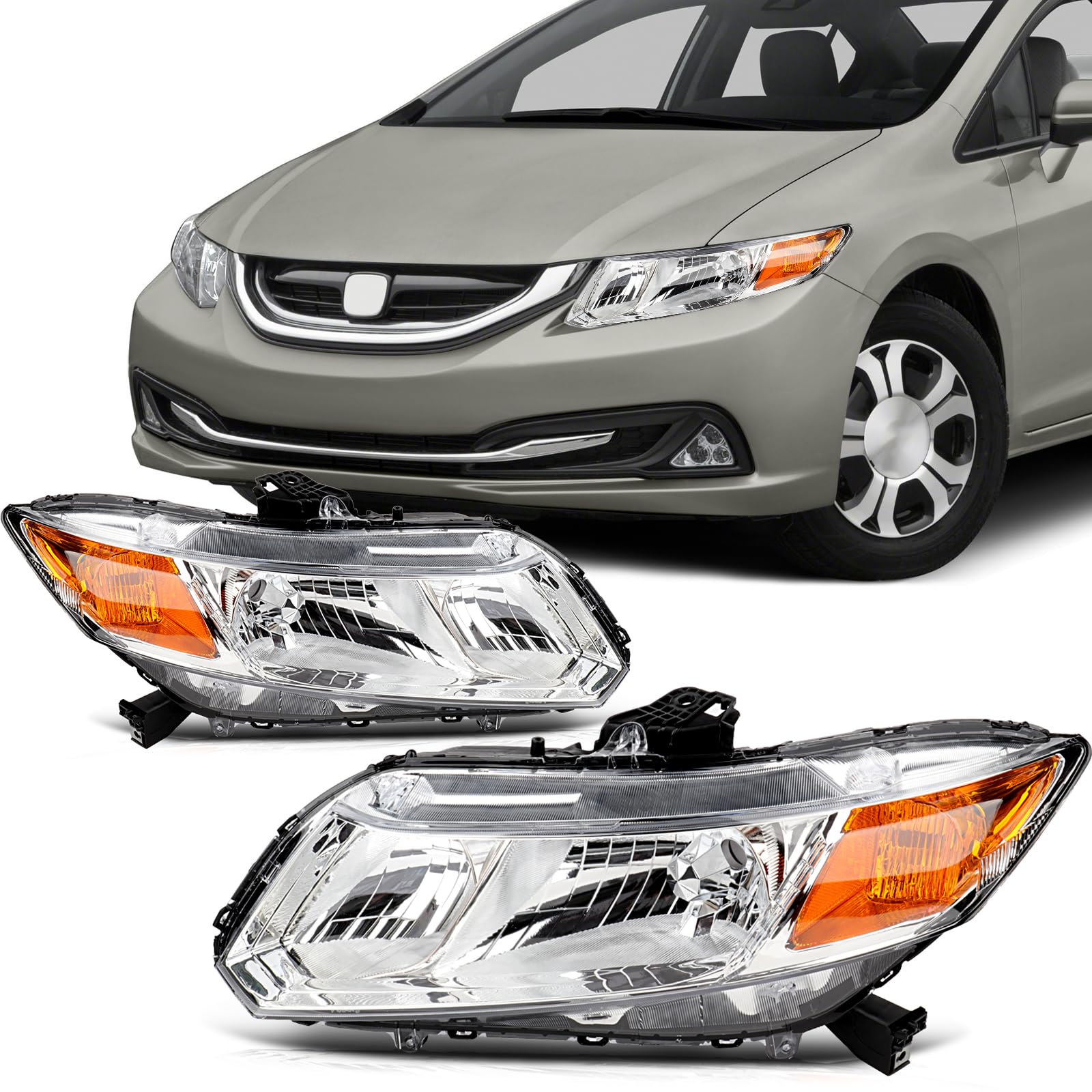 SCITOO Headlight Assembly Fits For Honda Civic 2012-2015 Headlamp In Chrome Housing Amber Reflector Clear Lens