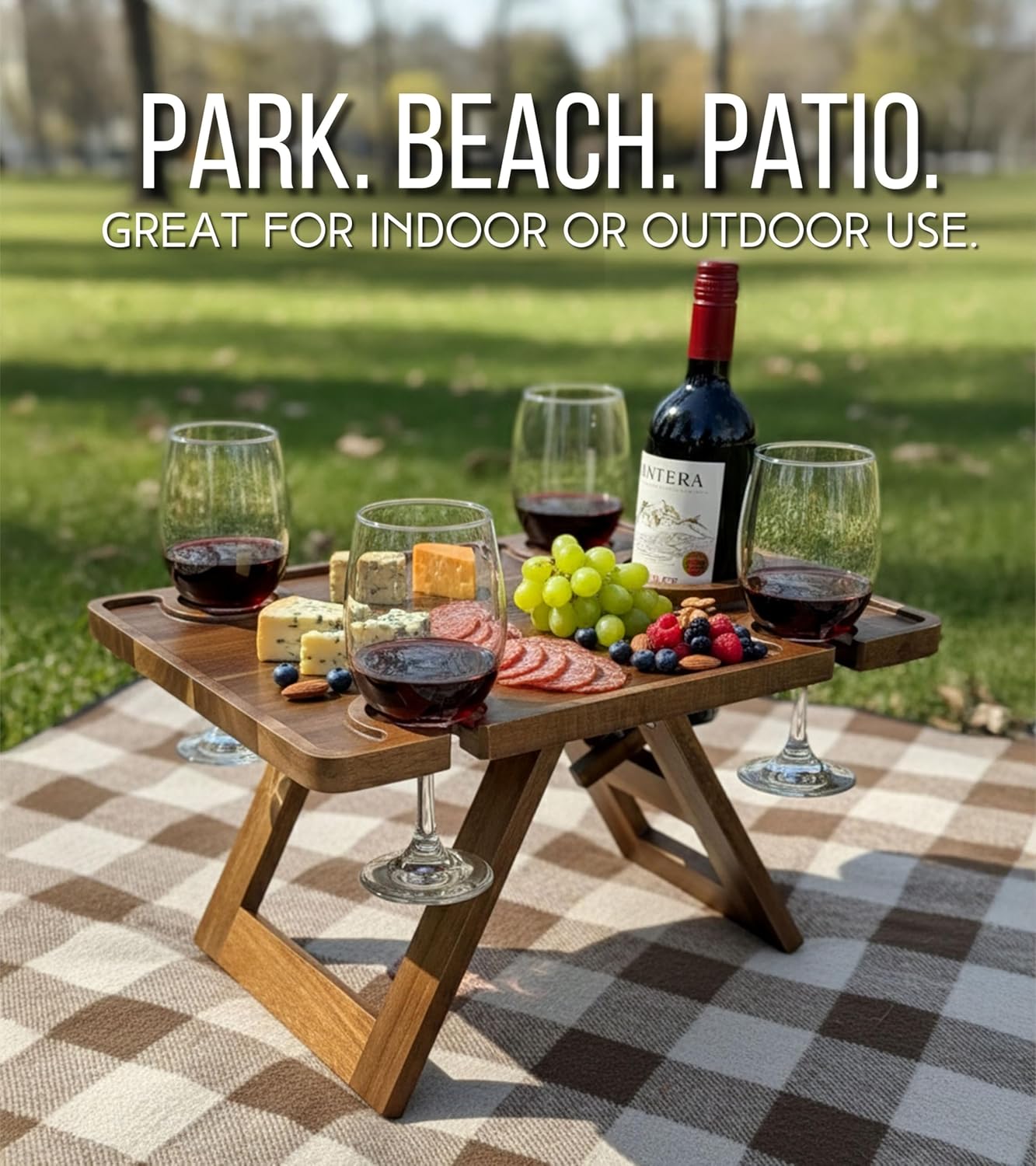 Portable Wine Picnic Table in Acacia Wood, Wine Charcuterie Board with Glass Holders, Outdoor Folding Wine Table for Beach, Park & Indoor Use, Gift for Wine Lovers