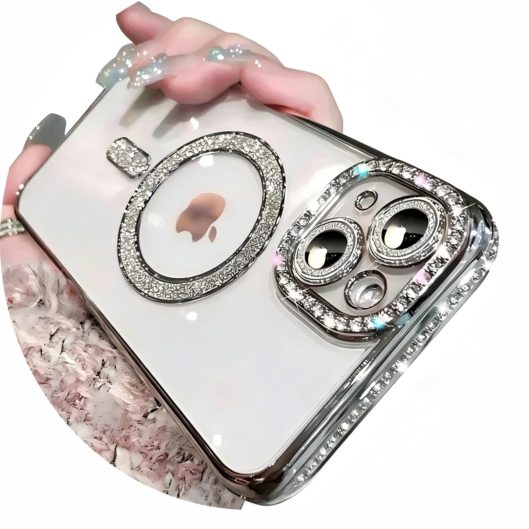 Photo 1 of Doulings Magnetic Glitter Diamond for iPhone 14 Pro Max Case[Compatible with MagSafe]Sparkle Rhinestone Camera Lens Protector Plated,Crtstal Clear Slim Military Drop Shockproof Cover for Women,Silver