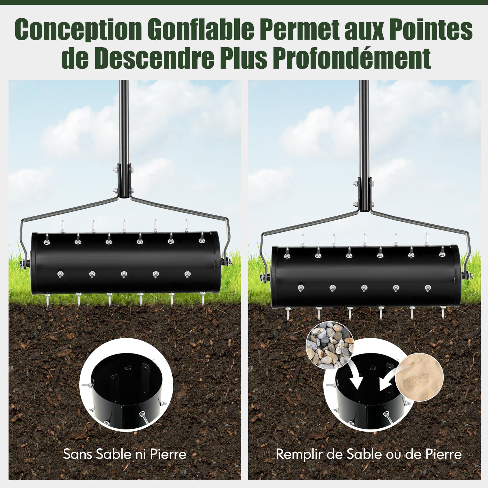 RELAX4LIFE Scarificateur Gazon Manuel 53CM avec Poignée &Rouleau à Pointes Rotatives, Rouleau Aérateur Gazon de Pelouse en Métal pour Jardin Cour Patio (6.8L | 53x130CM, Noir)