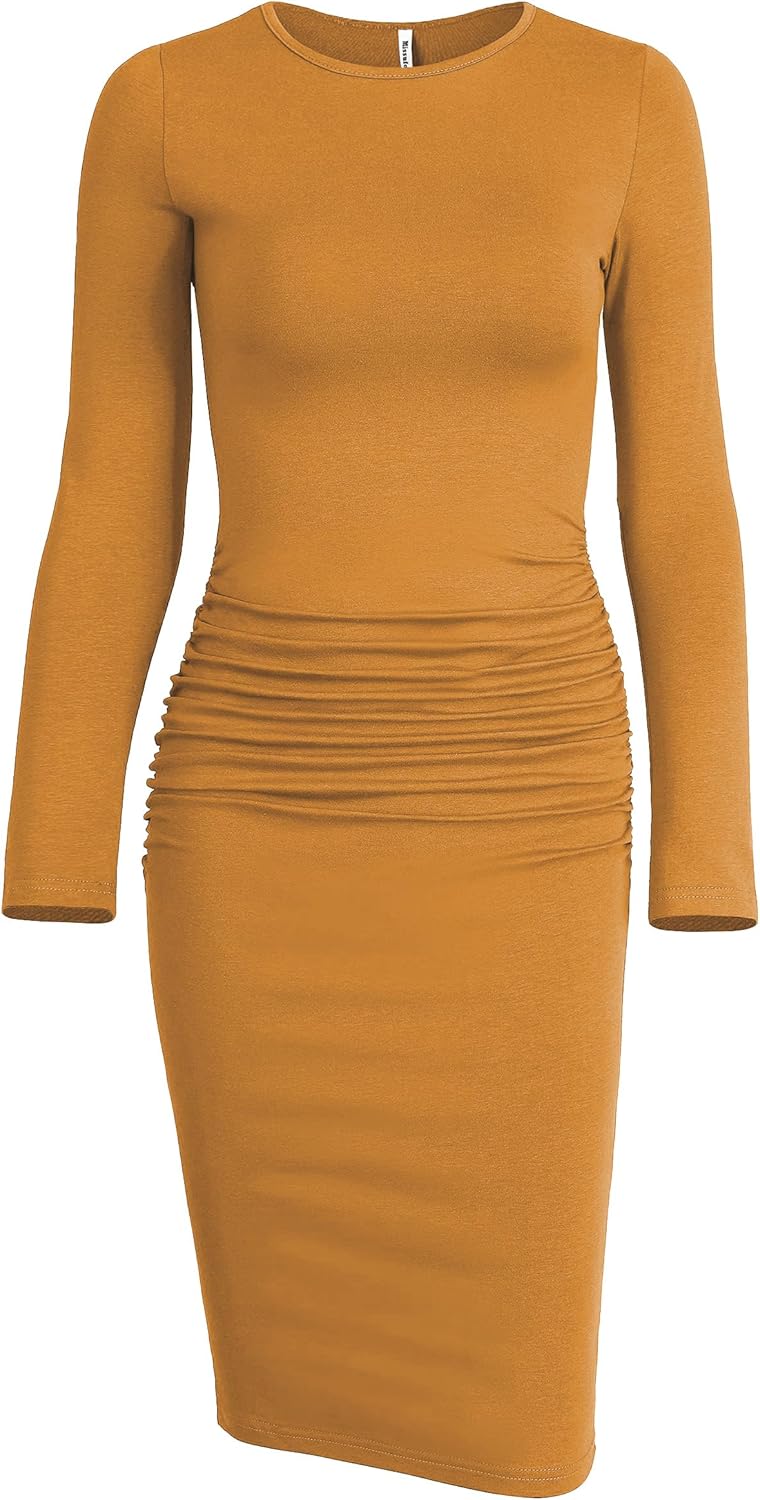 Missufe Women's Long Sleeve Ruched Casual Sundress Bodycon Sheath Knee Length Dress