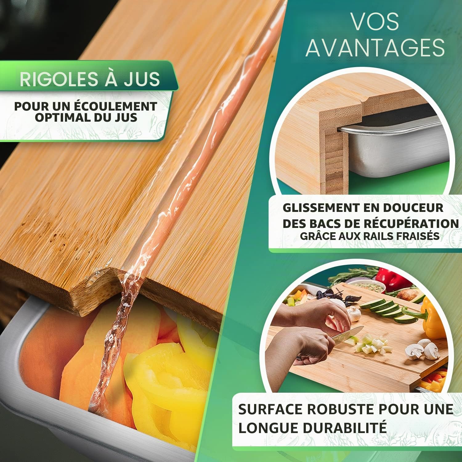 Loco Bird Planche a Decouper avec Bac Recuperateur – XXL Bambou 43x30cm 2 Bacs Inox – Grande Planche à Découper Bois – Rainures Jus – Pieds Antidérapants