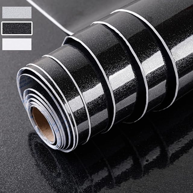 Niviy Sticky Back Plastic 40x300cm Self Adhesive Wallpaper Glitter Effect Practical Furniture Stickers Stain Proof Protection and DIY Renovation of Furniture Good Adhesion(Black)