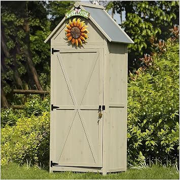 Wooden Shed, Outdoor Locker with Sloped Galvanized Shed, Lockable Garden Shelf, Garden Lawn Outdoor Tool Shelf