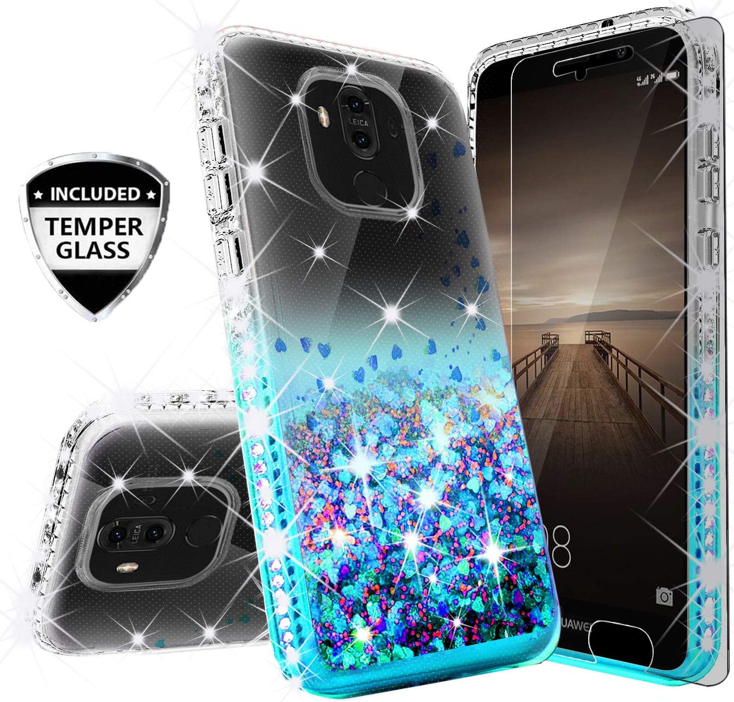 Compatible for Huawei Mate 20 Pro Case, with [Tempered Glass Screen Protector] SOGA Diamond Liquid Quicksand Cover Cute Girl Women Phone Case for Huawei Mate 20 Pro LYA-L29 - Clear/Teal