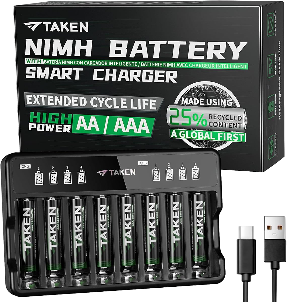 Taken Rechargeable AAA Batteries with Charger, 8-Pack 1200mWh High Capacity Triple A Battery Made Using 25% Recycled Materials with 8 Bay Smart Battery Charger for Fast Charging of AA & AAA Batteries