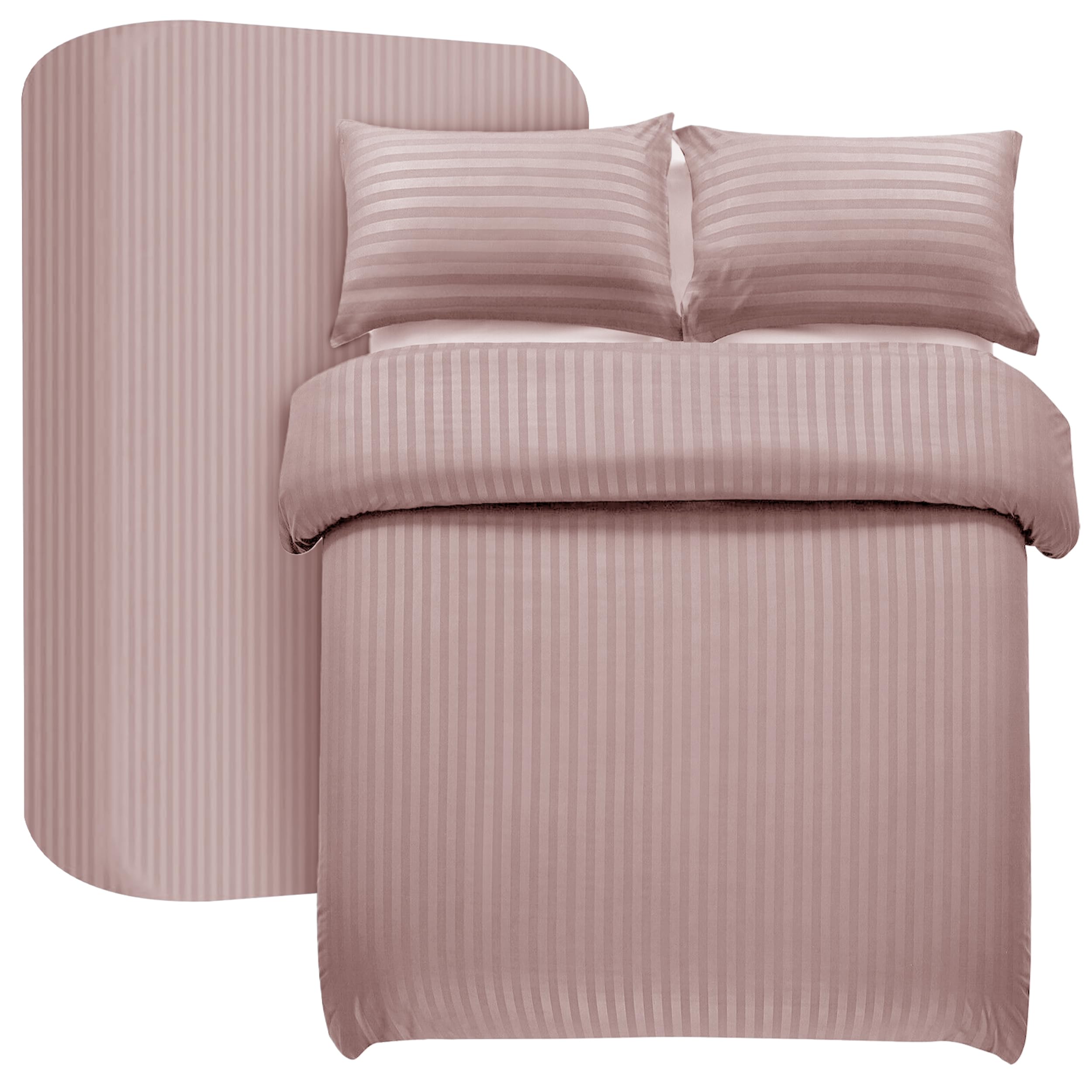 My home store Double Duvet Cover Set 4 Pcs Satin Stripe Duvet Covers Soft Brushed Microfiber Bedding Set with Fitted Sheet 30 CM Deep & 2 Pillowcases (Blush)