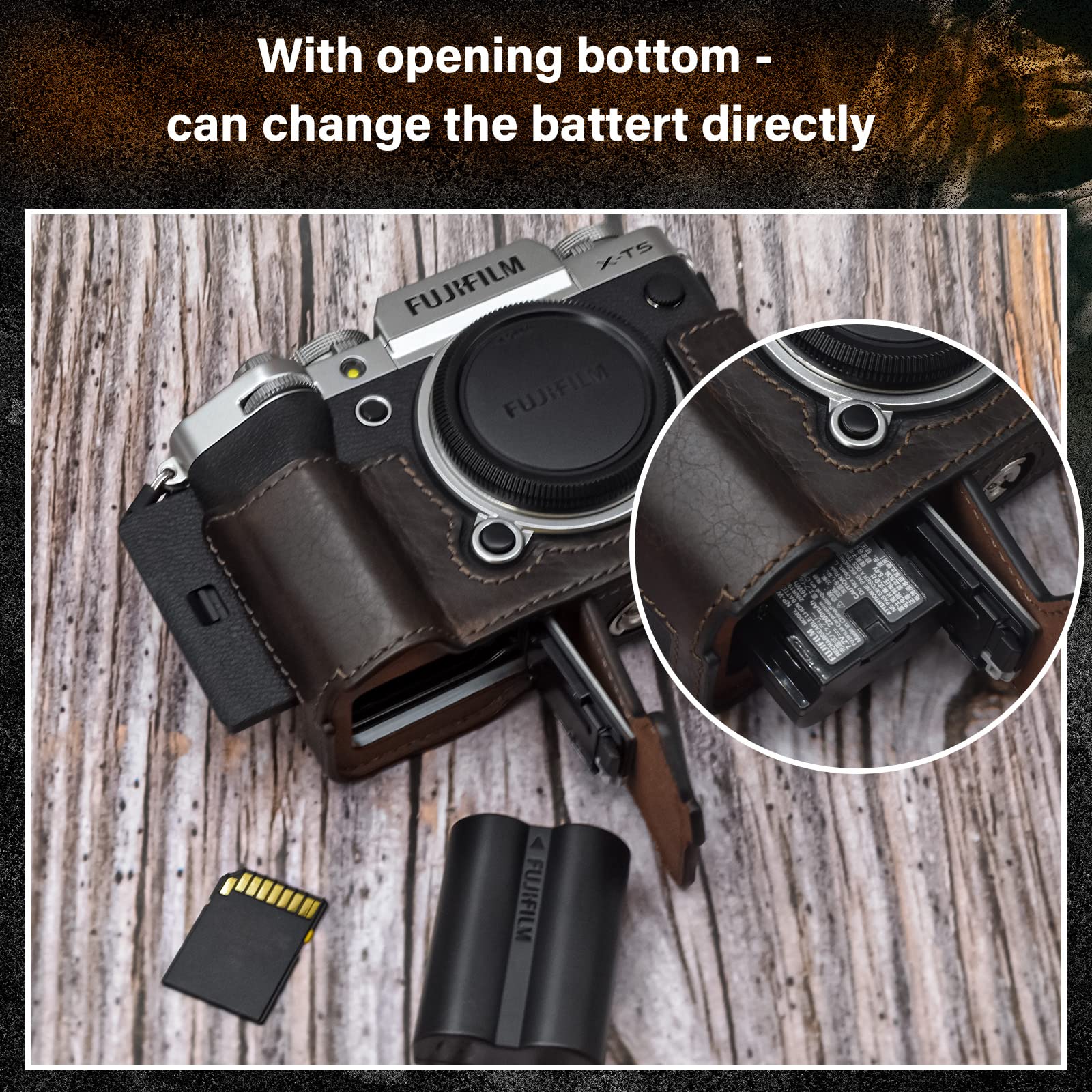 MUZIRI KINOKOO Coque inférieure en cuir véritable compatible avec appareil photo Fuji XT5/X-T5, café, Étui pour appareil photo
